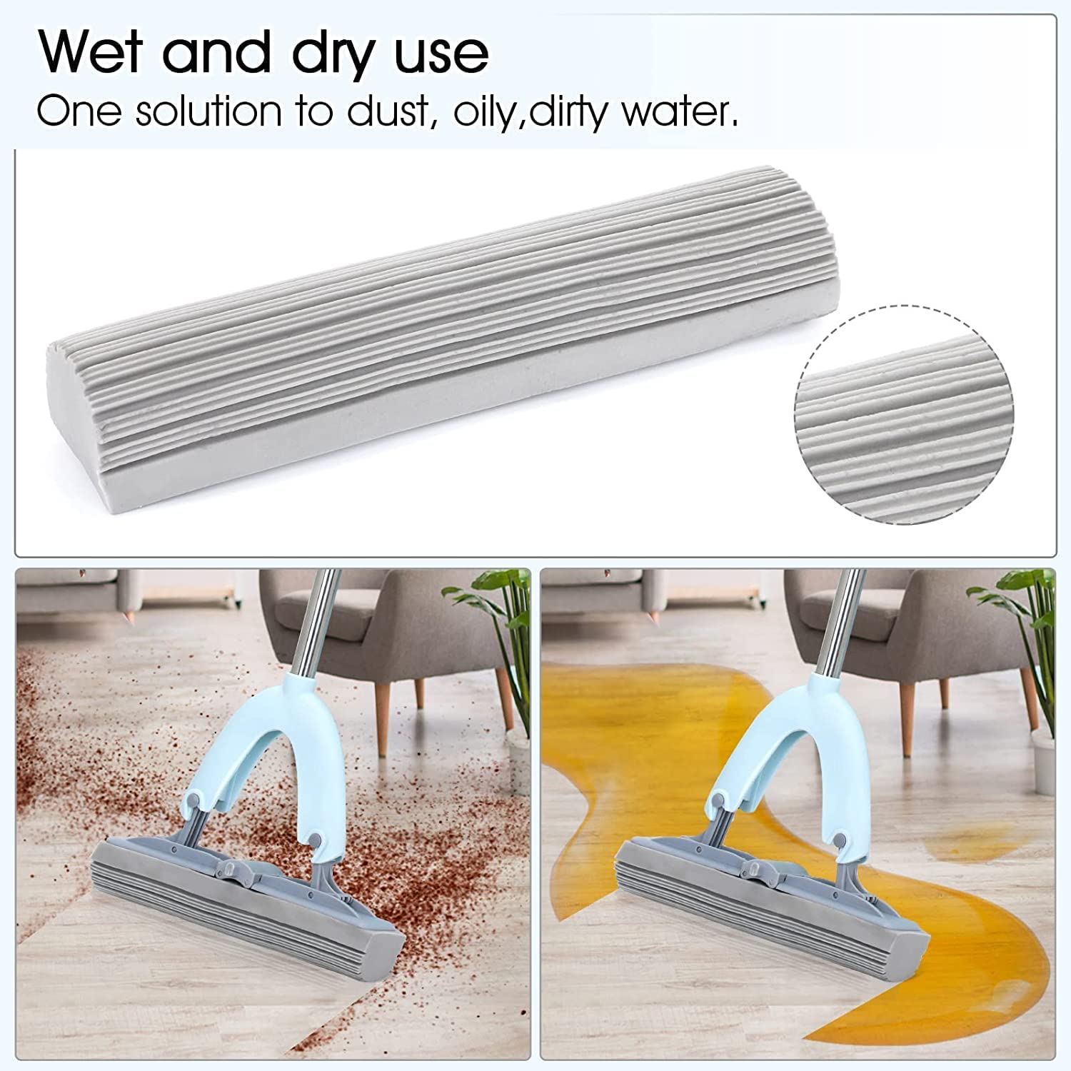 Kresal Sponge Mop, PVA Mop Super Absorbent, Sponge Mops for Floor Cleaning, Stainless Steel Handle, 13" PVA Sponge Home Office Universal Cleaning Squeeze mop 4