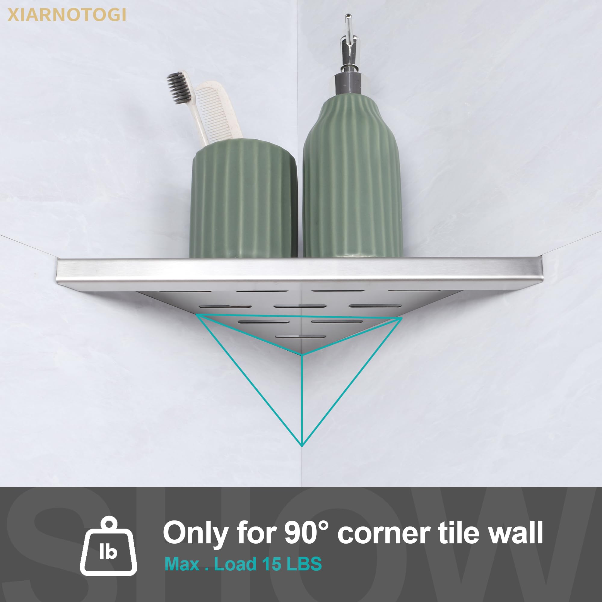 Xiarnotogi 12" Corner Shower Shelf, 2-Pack Bathroom Shelves for Tile Walls, SUS304 Stainless Steel Recessed Shower Shelf, Grout in Corner Organizer Shelves, Brushed Silver, Large Size 6