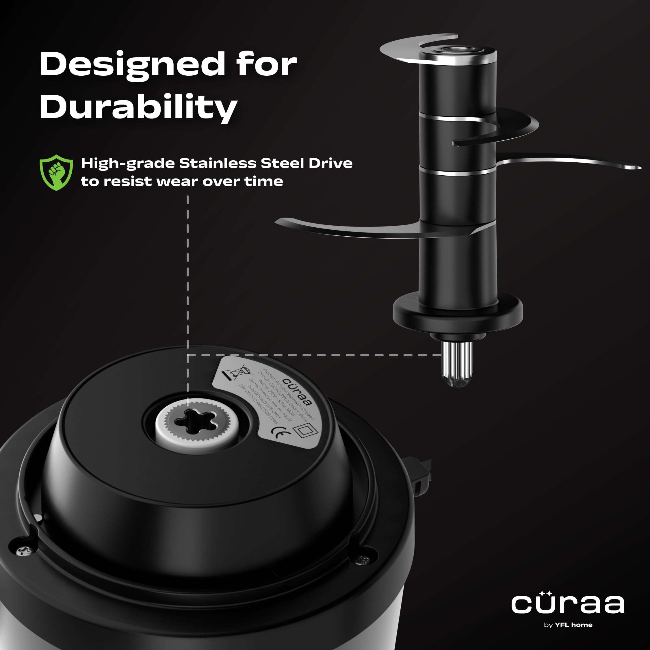 Cüraa ChopLab Pro Electric Vegetable Chopper for Kitchen with 2 Speed Modes, 300 Watts Copper Motor, 900 ml | 4 Stainless Steel Blades to Chop Vegetables, Nuts | 2 Year Warranty (Black) 5