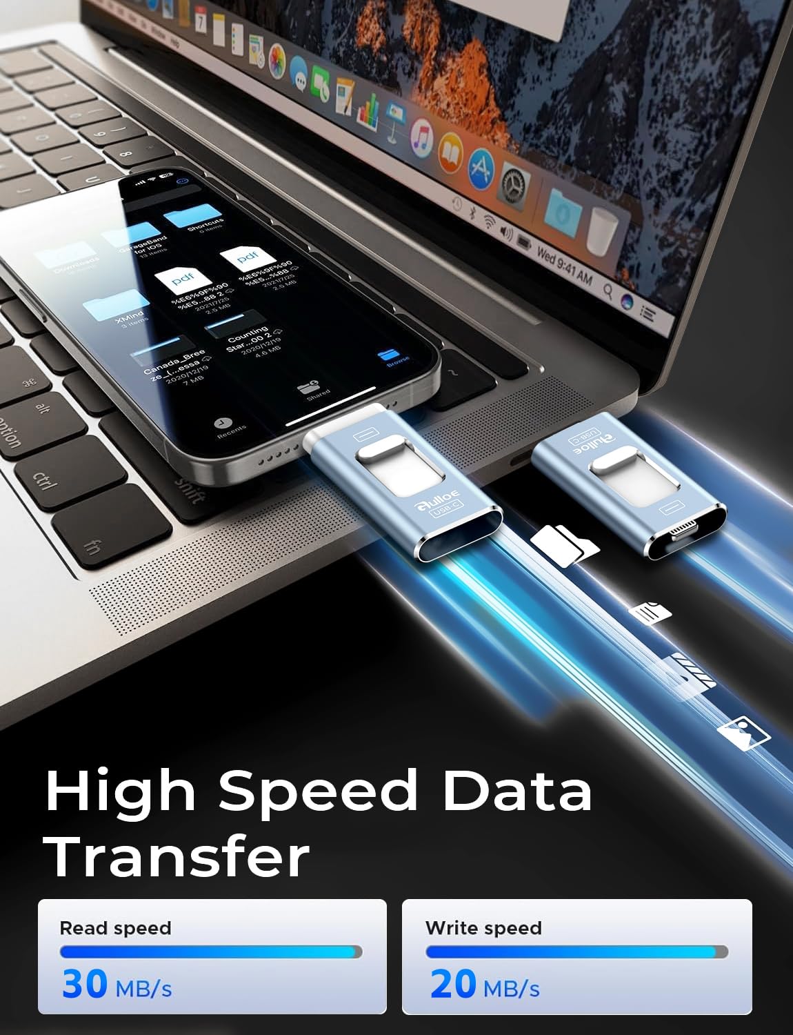 Gulloe 512GB Dual Interface Flash Drive for Phone Storage Photos Videos, Phone USB Backup External Photo Memory Stick - No App Required, Compatible with iPhone, iPad, Android & PC (Mist Blue) 4