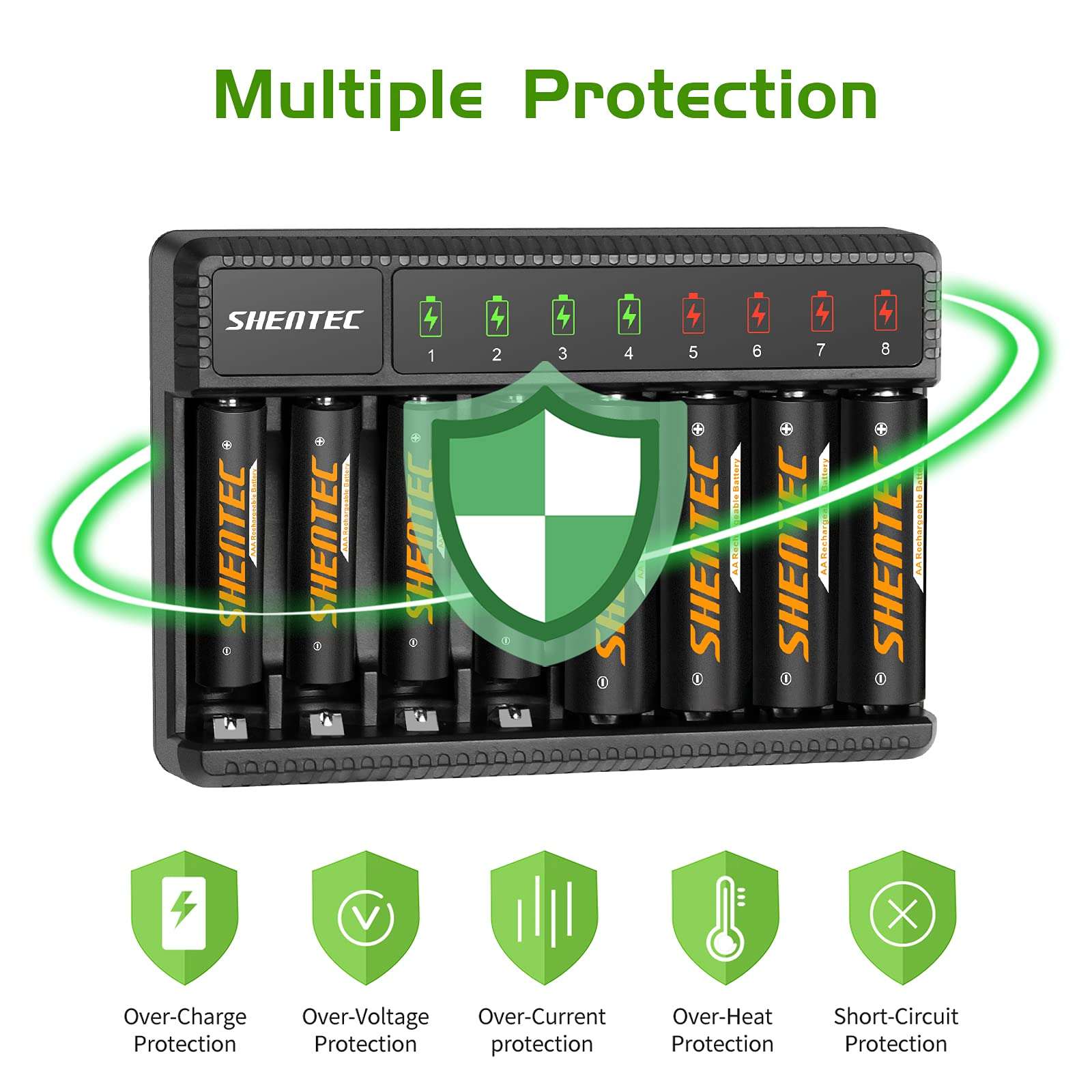 Shentec 4 Packs 2500mAh Rechargeable AA Batteries and 4 Packs 1000mAh Rechargeable AAA Batteries with Smart 8 BayAAA AA Battery Charger (USB Fast Charging, Independent Slot) 5