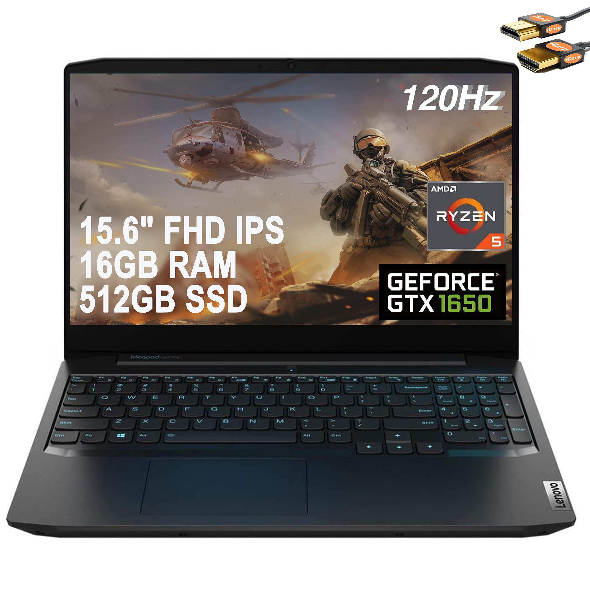 Lenovo IdeaPad 3 Gaming 15 Laptop 15.6" FHD IPS 120Hz AMD 6-Core Ryzen 5 4600H (Beats i7-8750H) 16GB RAM 512GB SSD GeForce GTX 1650 4GB Backlit USB-C Dolby Win10 Black + HDMI Cable 1