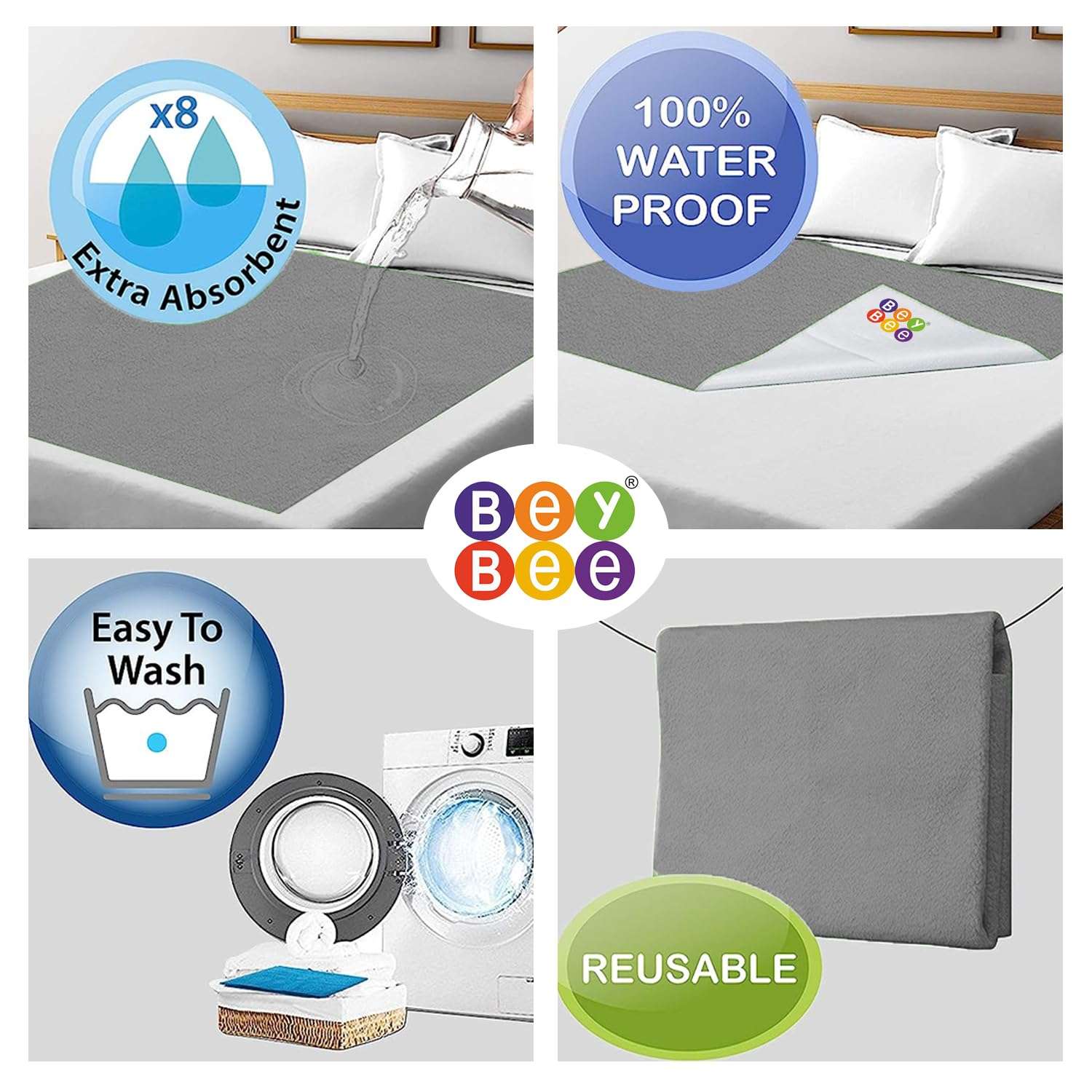 BeyBee Instadry Anti-Piling Fleece Extra Absorbent Quick Dry Sheet for New Born Babies, Cotton Bed Protector Mattress, Reusable Waterproof baby Cot sheet for Toddler Infant, Small size Pack of 2 (70x50cm, Grey) 2