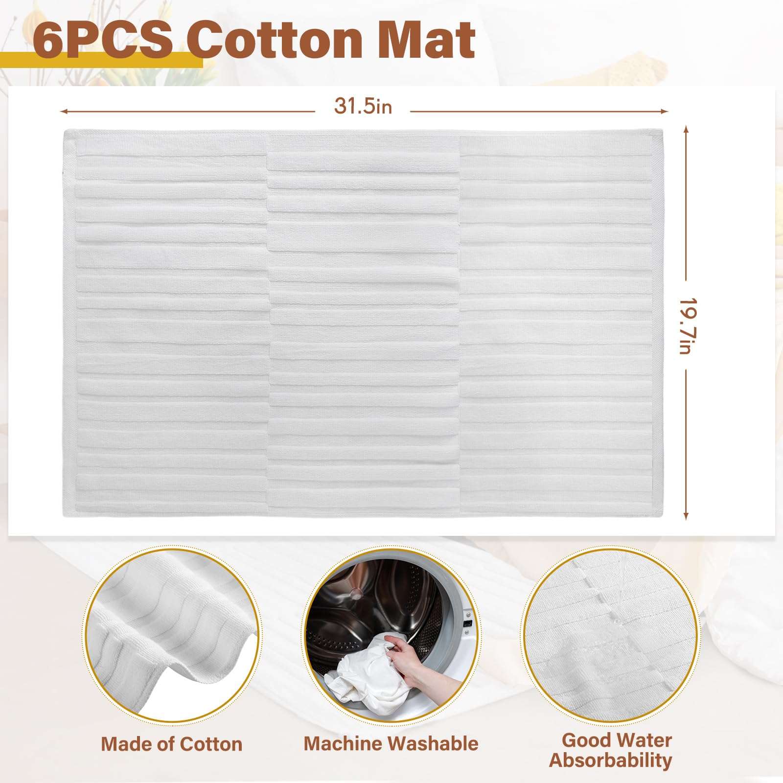 Tranqun 6 Pcs Bath Mat Towel Sets 31.5 x 19.7 Inches Absorbent Cotton Bath Mats for Bathroom Bathmats Washable Soft Fade Resistant Cotton Bath Rug for Shower Bathroom Floor Hotel Spa Bathtub White 2