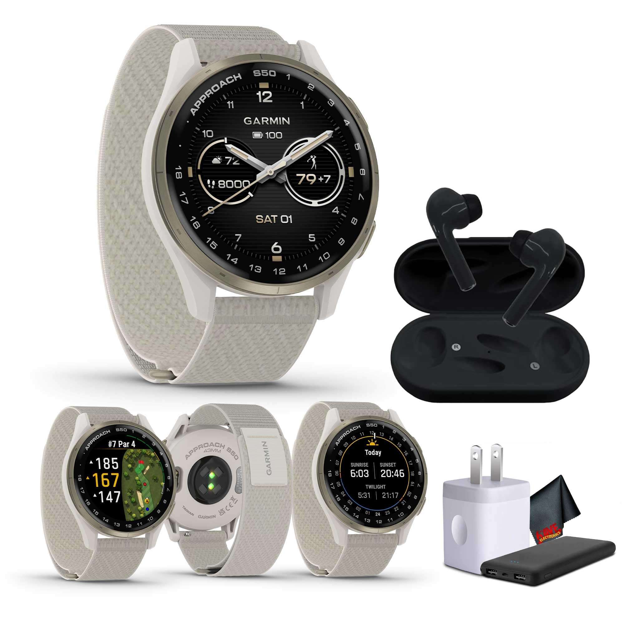 Garmin Approach S50 Advanced Golf Watch with GPS, AMOLED Display, Sports and Fitness Smartwatch, Cream Gold Aluminum Bezel with Ivory Comfort Fit Nylon Band Bundle with Wireless Air Buds 1