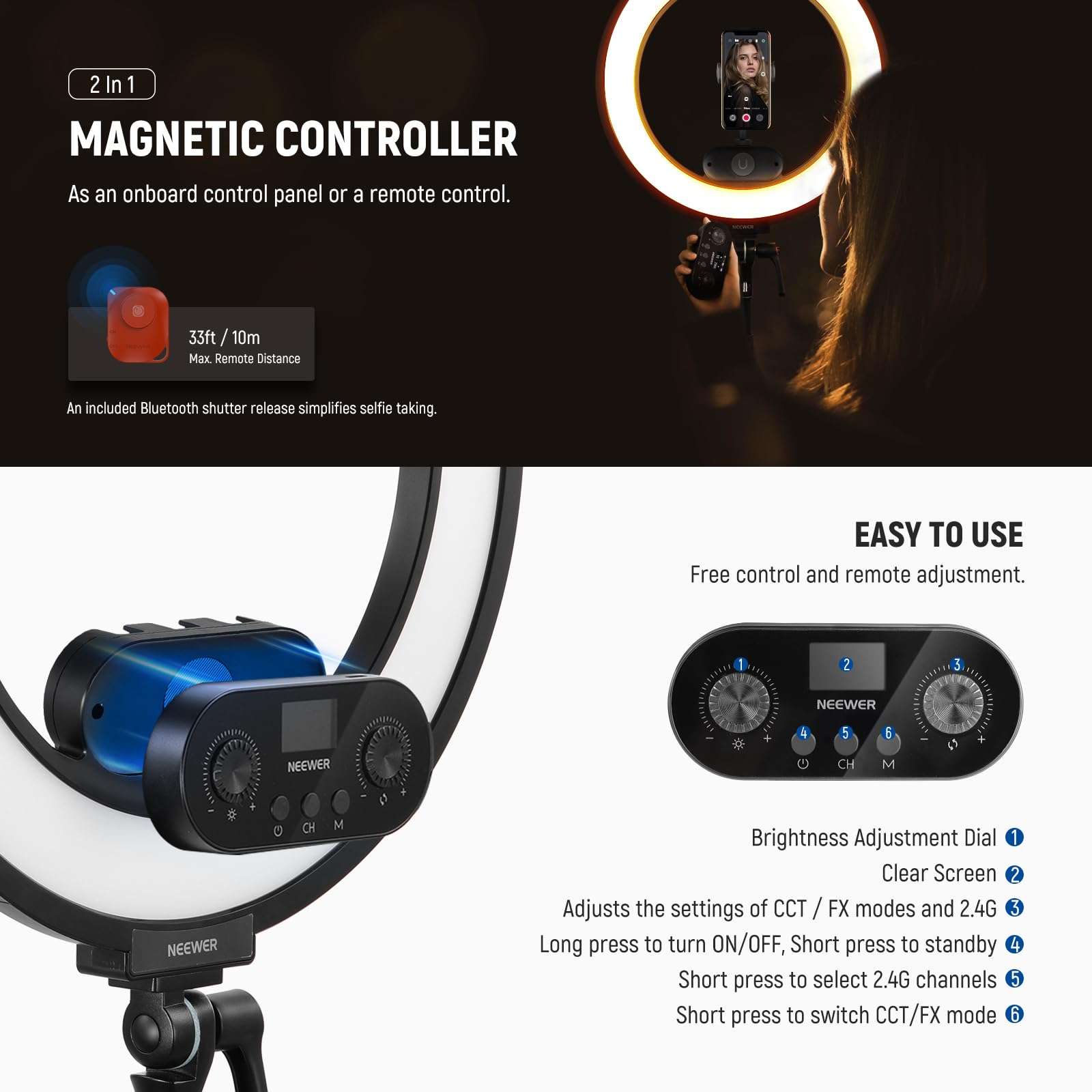 NEEWER 18 Inch Edge Lit Ring Light Kit 45W 3300lux 2900K-7000K 12 Scenes with APP 2.4G PC Mac Control Magnetic Detachable Remote Controller Stand Bag, Metal Phone Tripod Mount Adapter Included 6