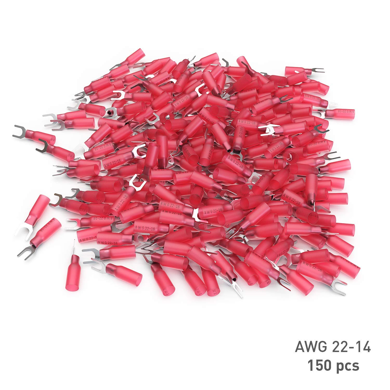 E-VOLT 150 Fork Crimp Connectors – 3:1 Adhesive Heat Shrink Red Crimp Terminals for 22 20 18 16 Gauge Wires – Industrial Grade Insulated Wire Crimps for Marine, Automotive and Audio Use 6