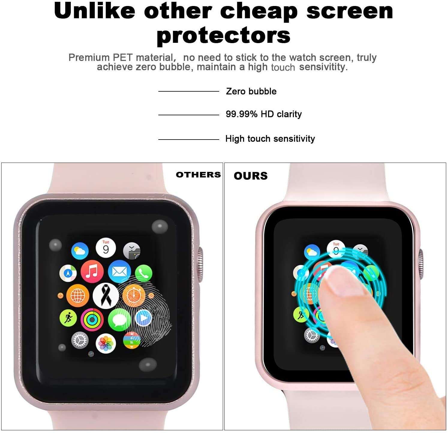 TempGlow Case Bumper Cover with Built-in 9H Tempered Glass Screen Protector Compatible with Apple Watch 38mm Series 3 Series 2 Series 1 Edge-to-Edge 360 Degree Smart Defense - Black Matte 4