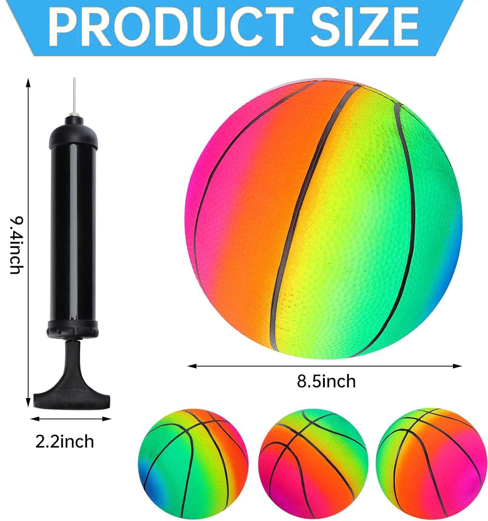 Jeffbaubl 4Pcs Playground Balls,Rainbow Balls Kickballs with 1 Hand Pump,8.5 Inch Inflatable Playground Ball Kick Balls Handball,Colorful Dodgeball for Kids Adults Indoor Outdoor Games (Basketball) 3