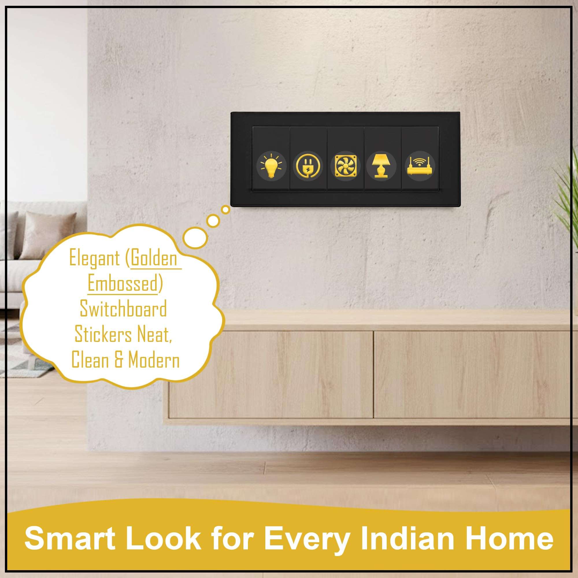 GLUN® Royal Gold 600 Vinyl Switchboard Stickers | 60+ Luxury Embossed Finish Icons for Fan, Light, AC & Home Switch Buttons 3