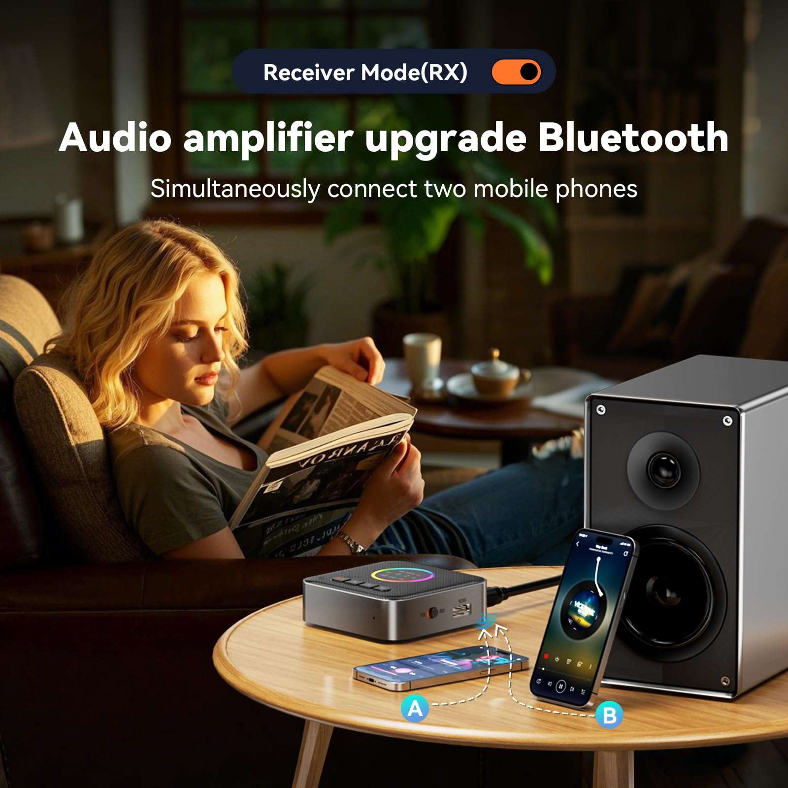 [Upgraded] MOREGAX M10 Pro+ Bluetooth Receiver Transmitter for TV/Home Stereo/Vintage Speakers/Music Streaming Sound System, Support aptX Low Latency Audio Adapter with USB, RCA, 3.5mm AUX in/Output 4