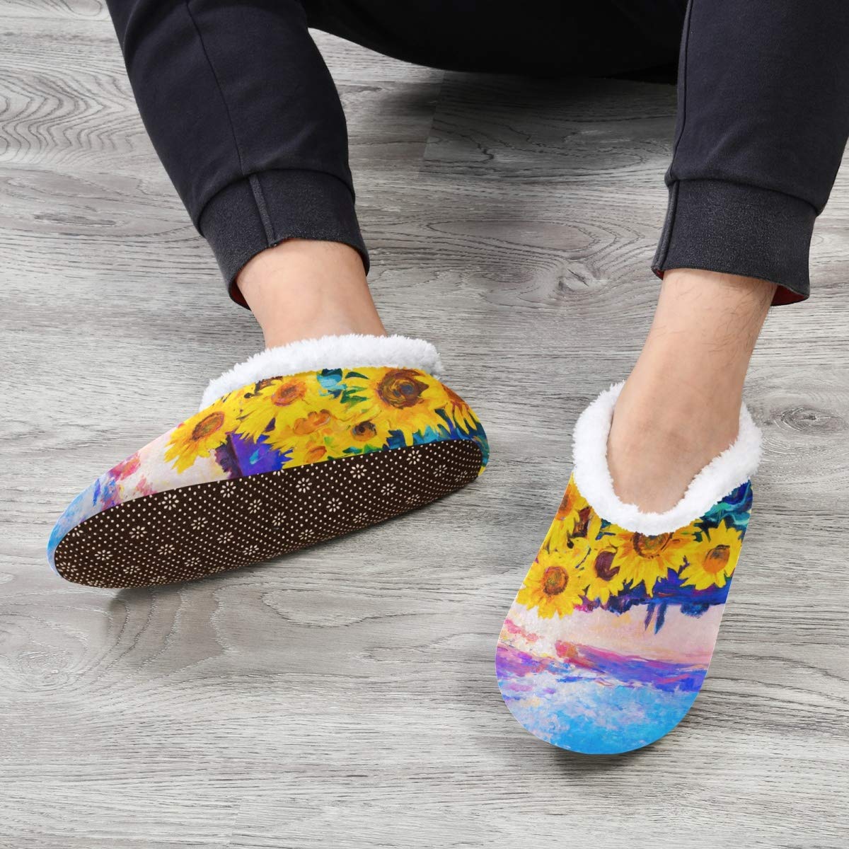 linqin Fuzzy Feet Slippers for Women and Men, Winter House Slippers Soft Warm Indoor Bedroom Home Shoes with Non Skid Sole - Oil Painting Sunflower, 1 6