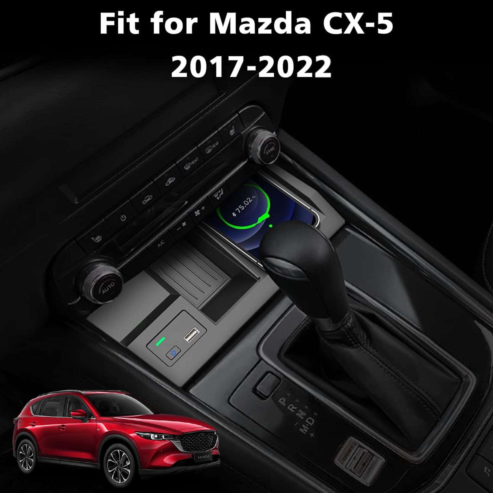 Wireless Car Charger Compatible with Ma/zda CX5 CX-5 2017 2018 2019 2020 2021 2022 2023 Center Console Accessory Panel, 15W Qi Fast Charging with USB QC3.0 Ports 5