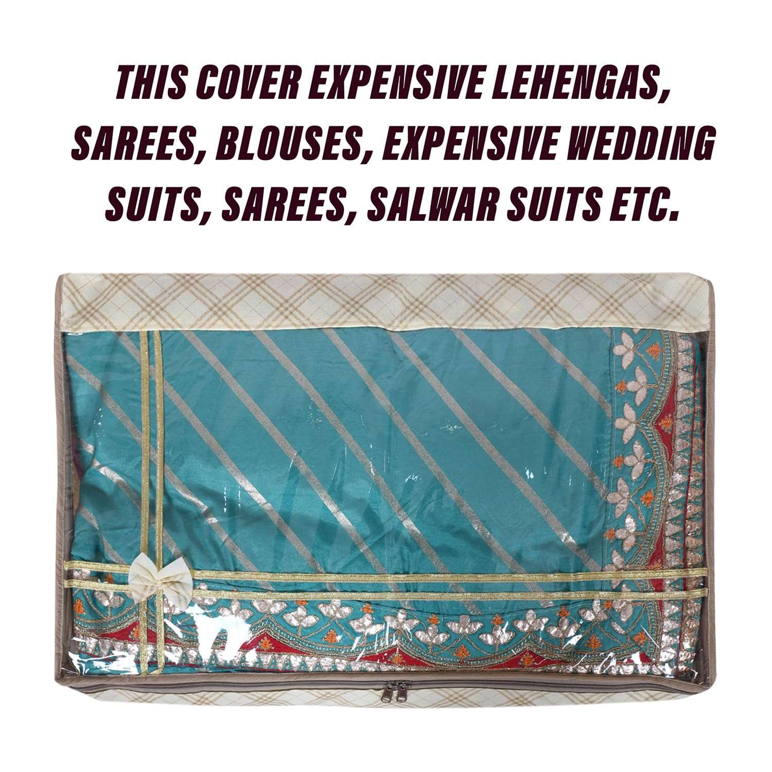 Kuber Industries Lehenga Cover | Non-Woven Gown Cover | Check Bow Pattern Garment Cover | Salwar Suit Cover with Top Transparent | Large | Pack of 2 | Cream 5