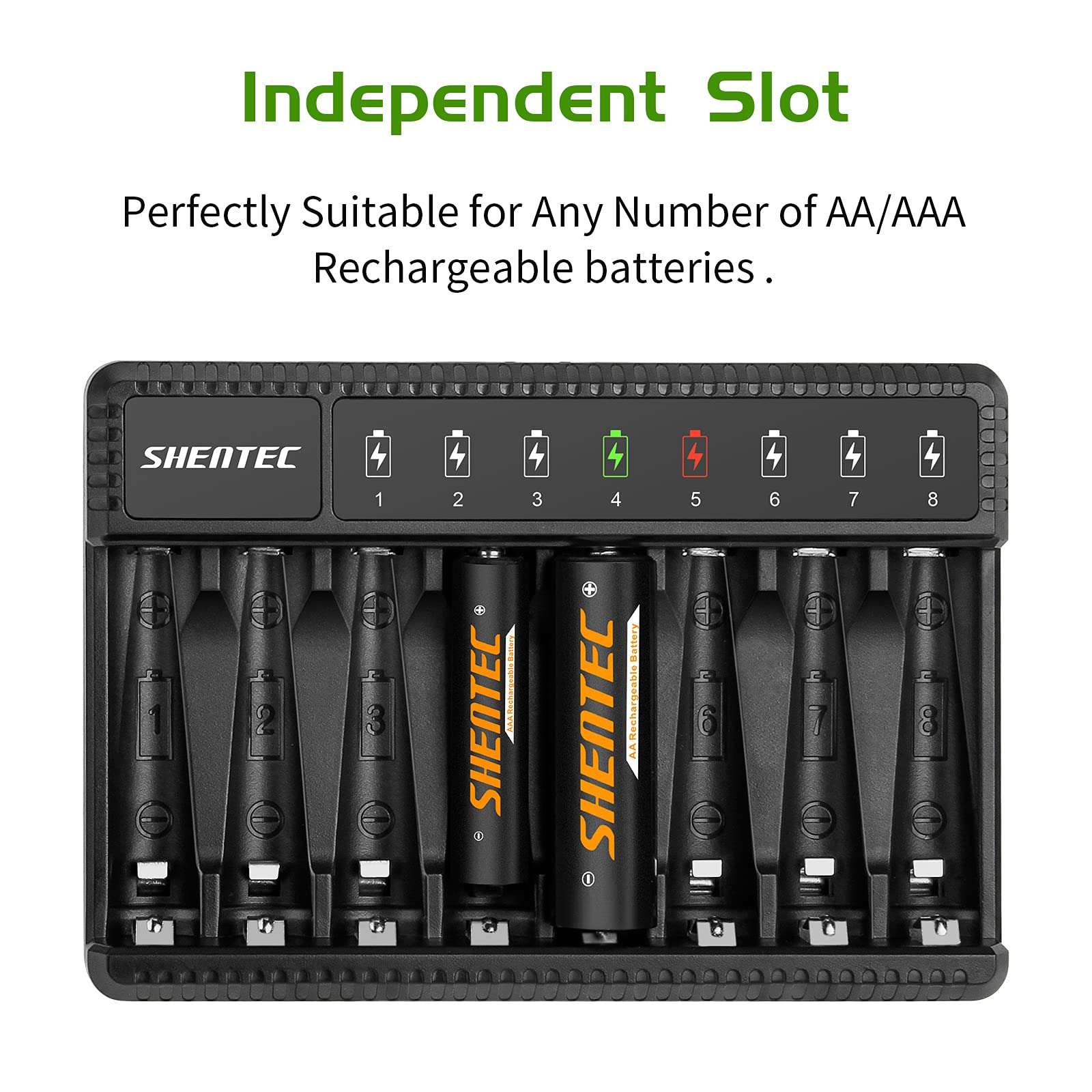 Shentec 4 Packs 2500mAh Rechargeable AA Batteries and 4 Packs 1000mAh Rechargeable AAA Batteries with Smart 8 BayAAA AA Battery Charger (USB Fast Charging, Independent Slot) 2