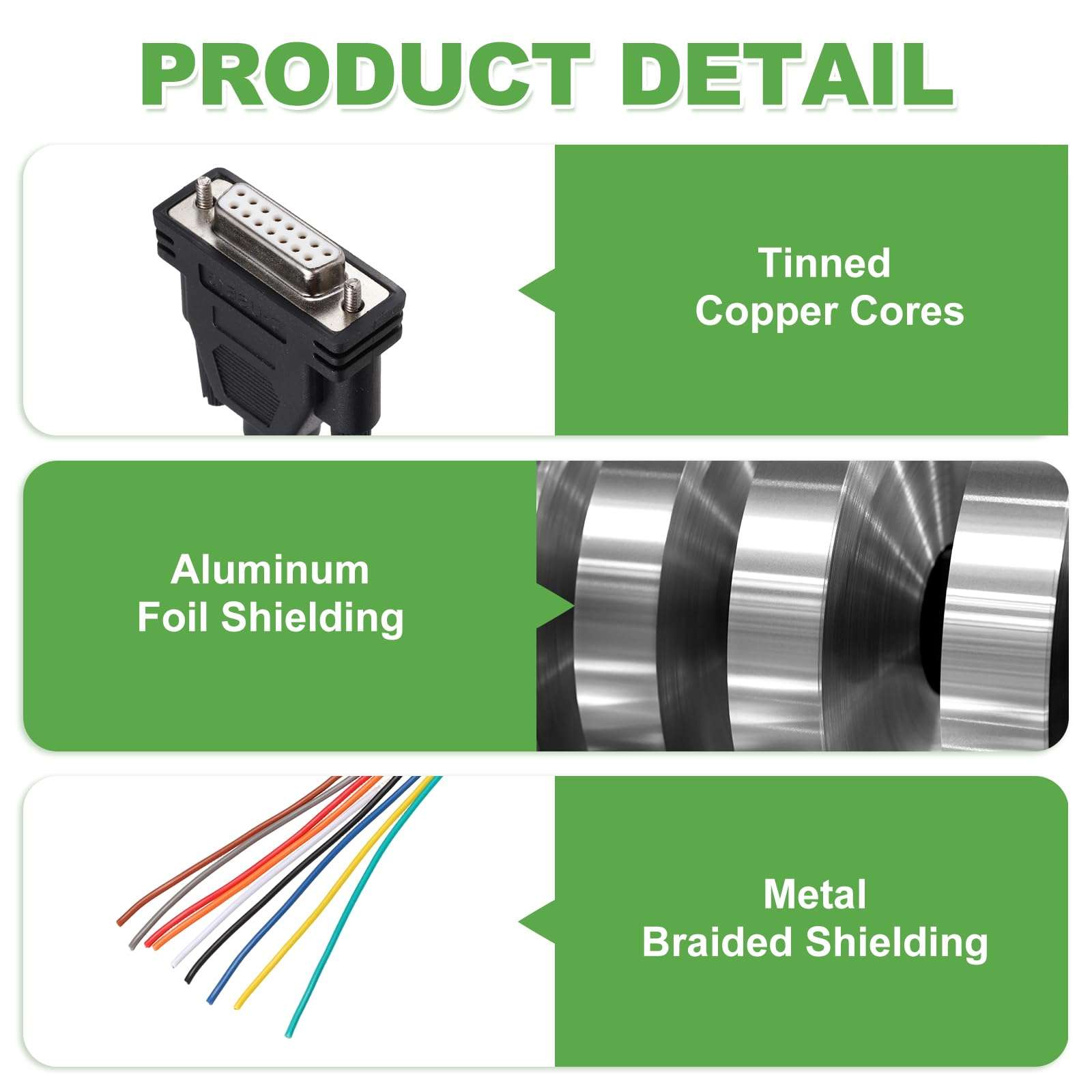 PATIKIL 2 Pcs 1.6 ft 26AWG DB15 Female Connector to Bare Wire END RS232 15-Pin Serial Extension Cable Double Shielded Gold Plated Female Connector, Black 4