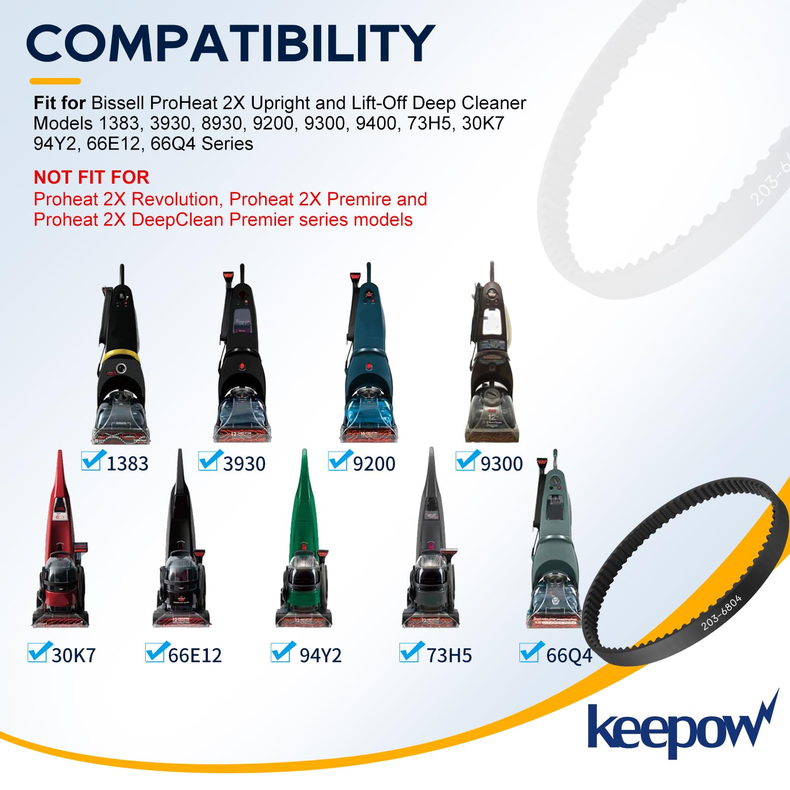 KEEPOW Vacuum Belt Compatible with Bissell ProHeat 2X Upright and Lift-Off Deep Cleaner 1383, 3930, 8930, 9200, 9300, 9400, 73H5, 30K7, 94Y2, 66E12, 66Q4 Series, Part #2036804 & 2036688, 2 Pack 3