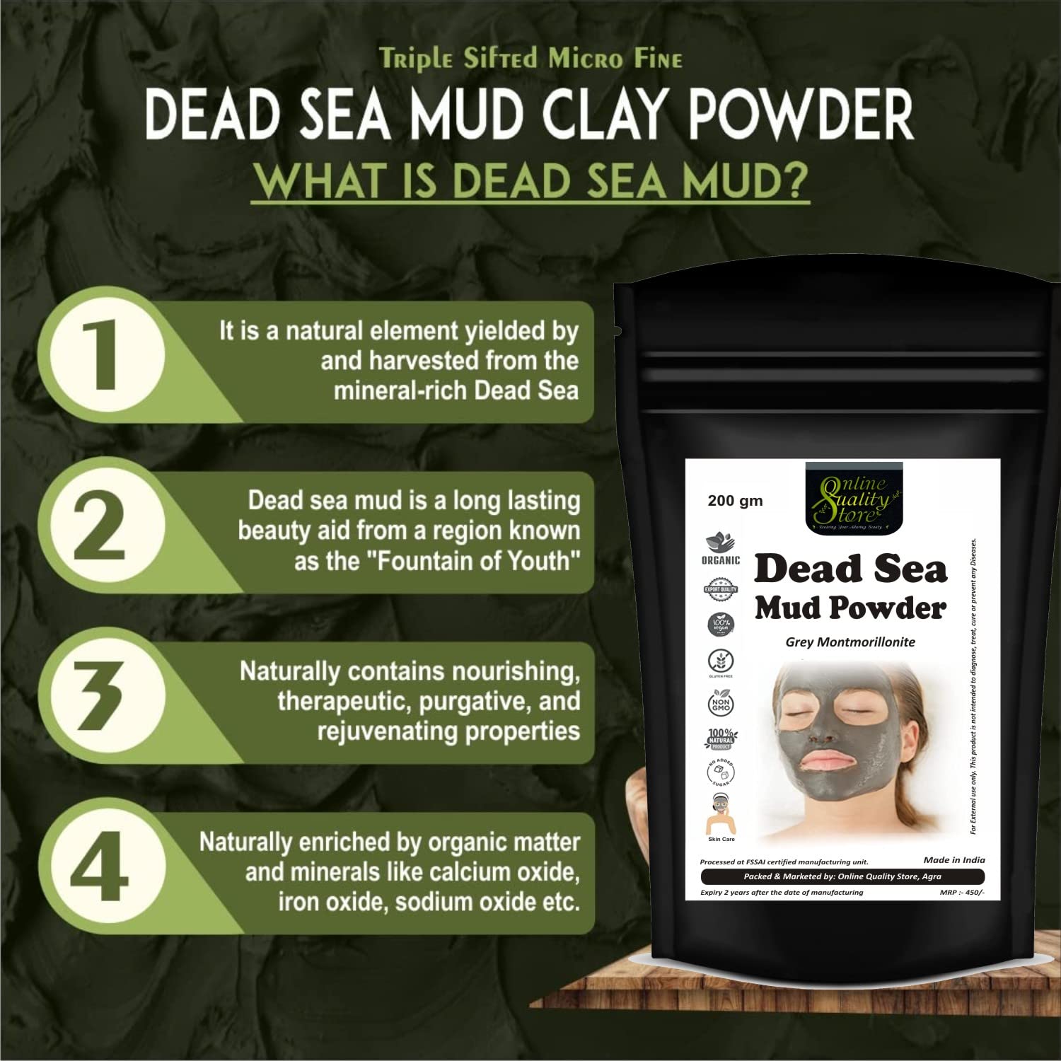 Online Quality Store Dead Sea Mud Powder - 200gm, for Face, Body & Hair | 100% Natural Dead Sea Mud Mask for Face | Face Mask| Dead Sea Mud Revitalizing, Exfoliating Powder Face Pack 3