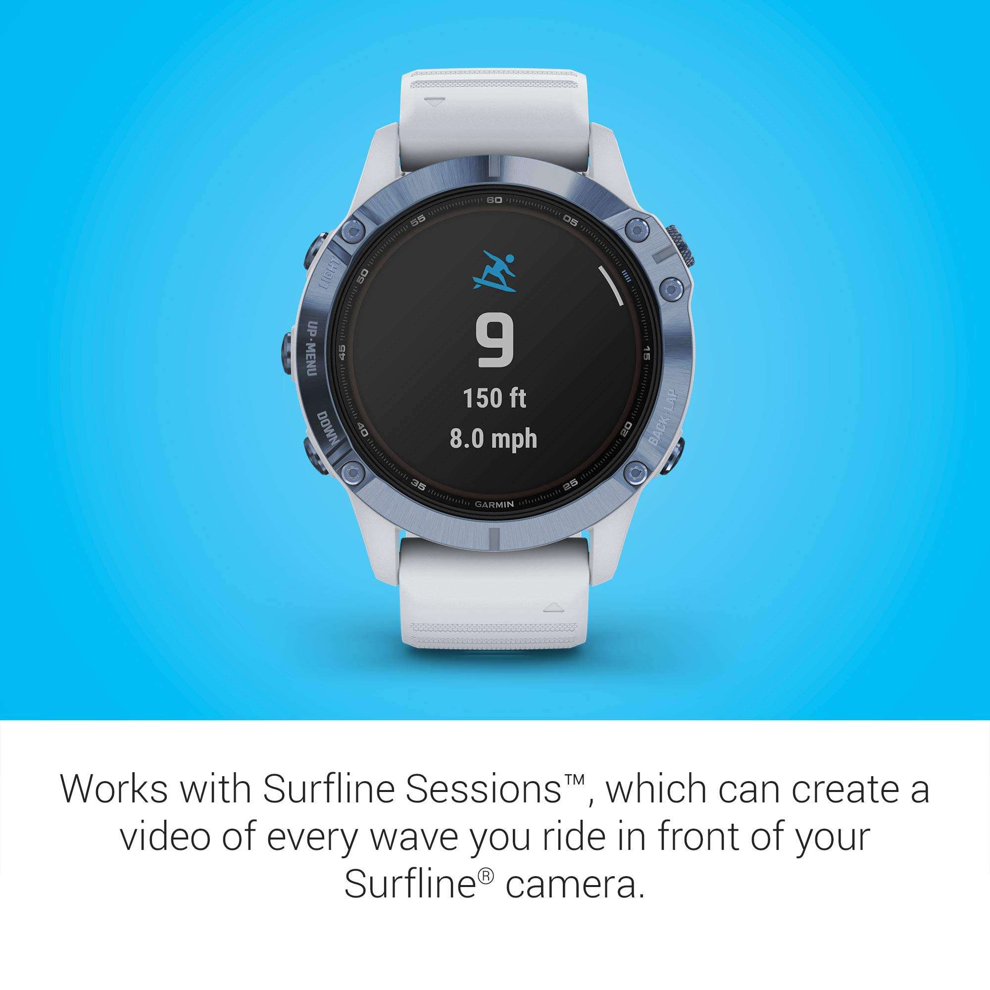 Garmin Fenix 6 Pro Solar, Multisport GPS Watch with Solar Charging Capabilities, Advanced Training Features and Data, Mineral Blue with White Band 6