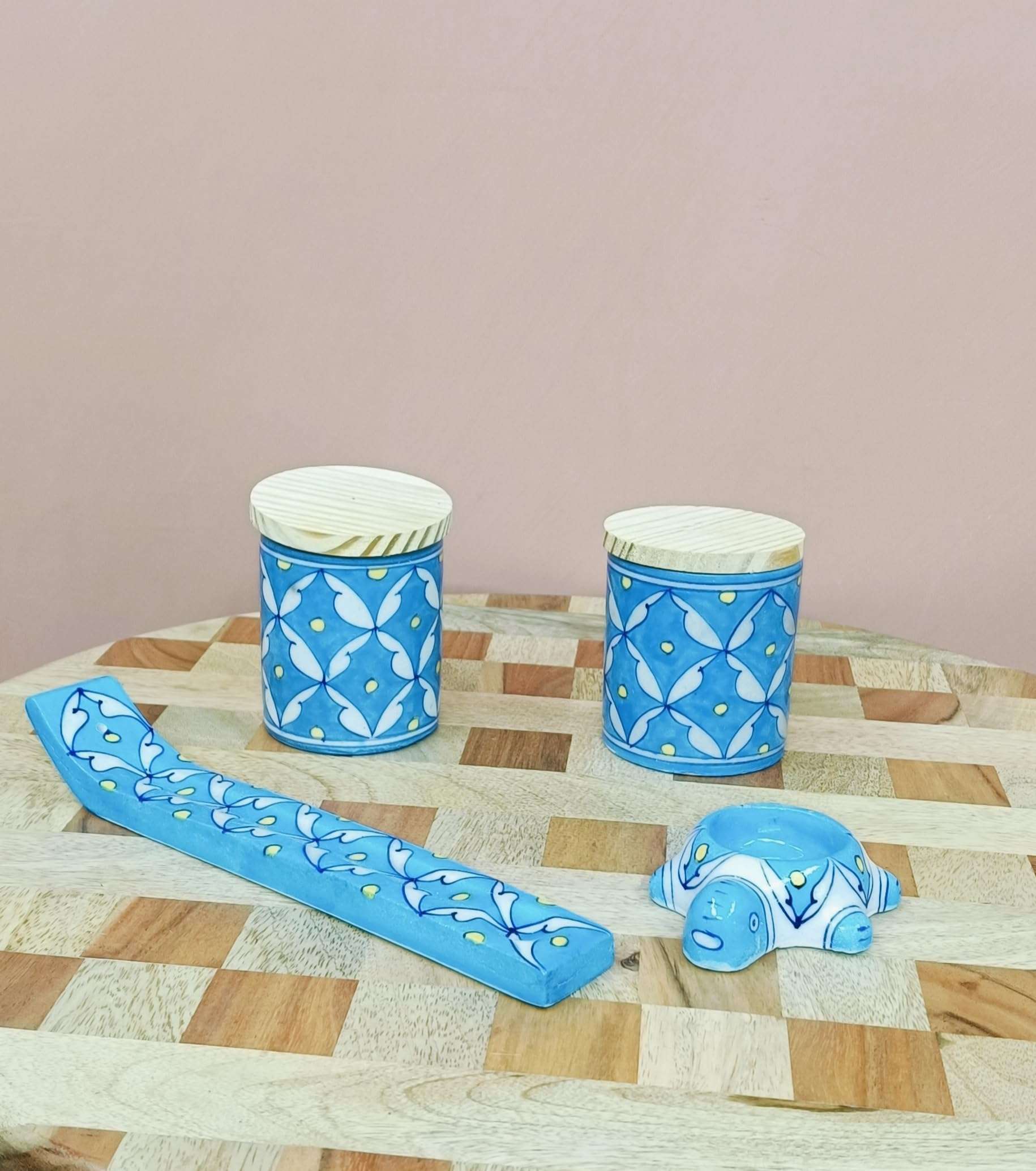 HOUSE OF GULAB Blue Pottery, 100% Handcrafted Blue Pottery with Gift Box, Eco Friendly Pottery for Kitchen & Bathroom (Sky Blue - Bhakti Set) 3
