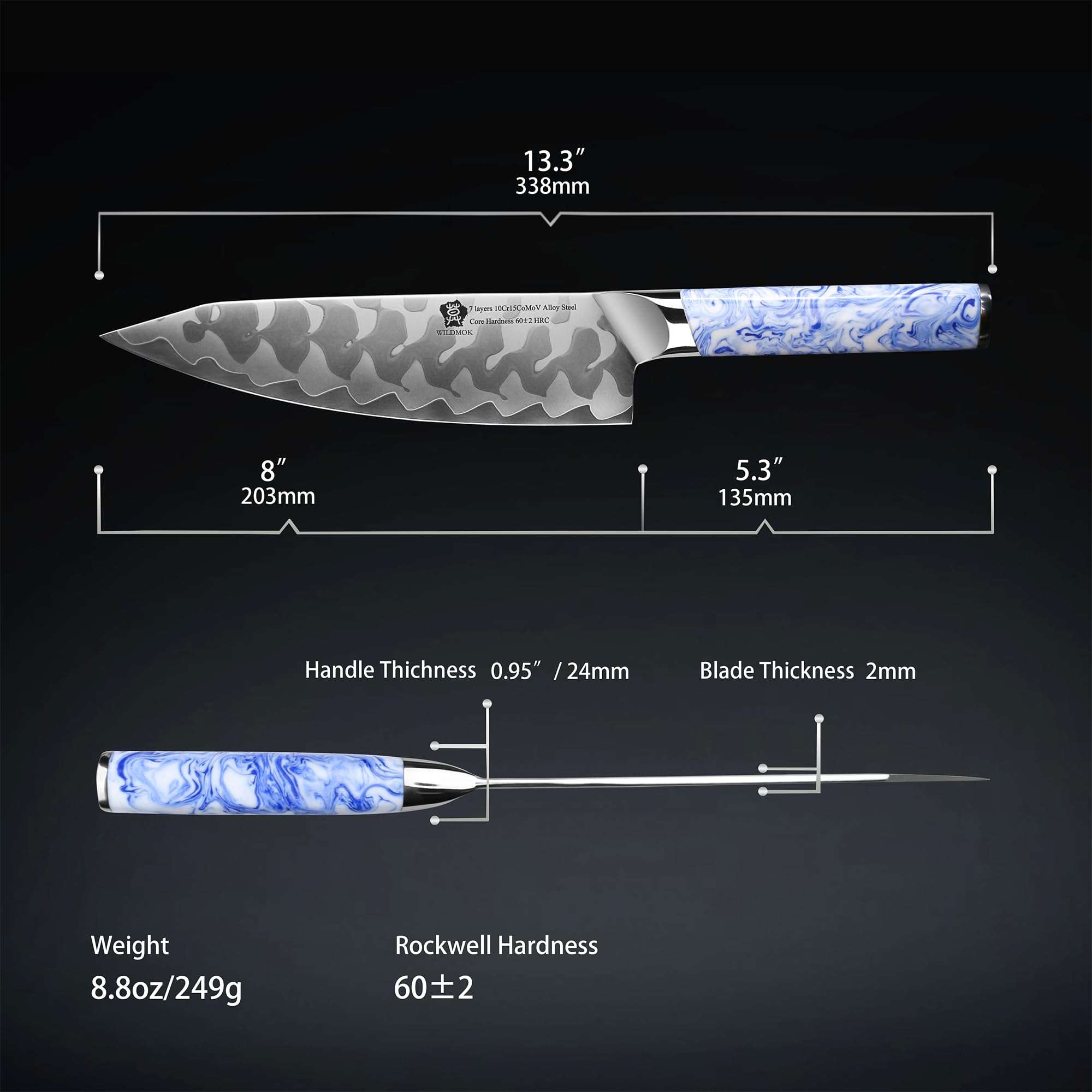 WILDMOK Chef Knife 8 Inch, Ultra Sharp Japanese Kitchen Knives - 7 Layers 10Cr15CoMoV Clad Steel Chef's Knife with Ergonomic Resin Handle 3