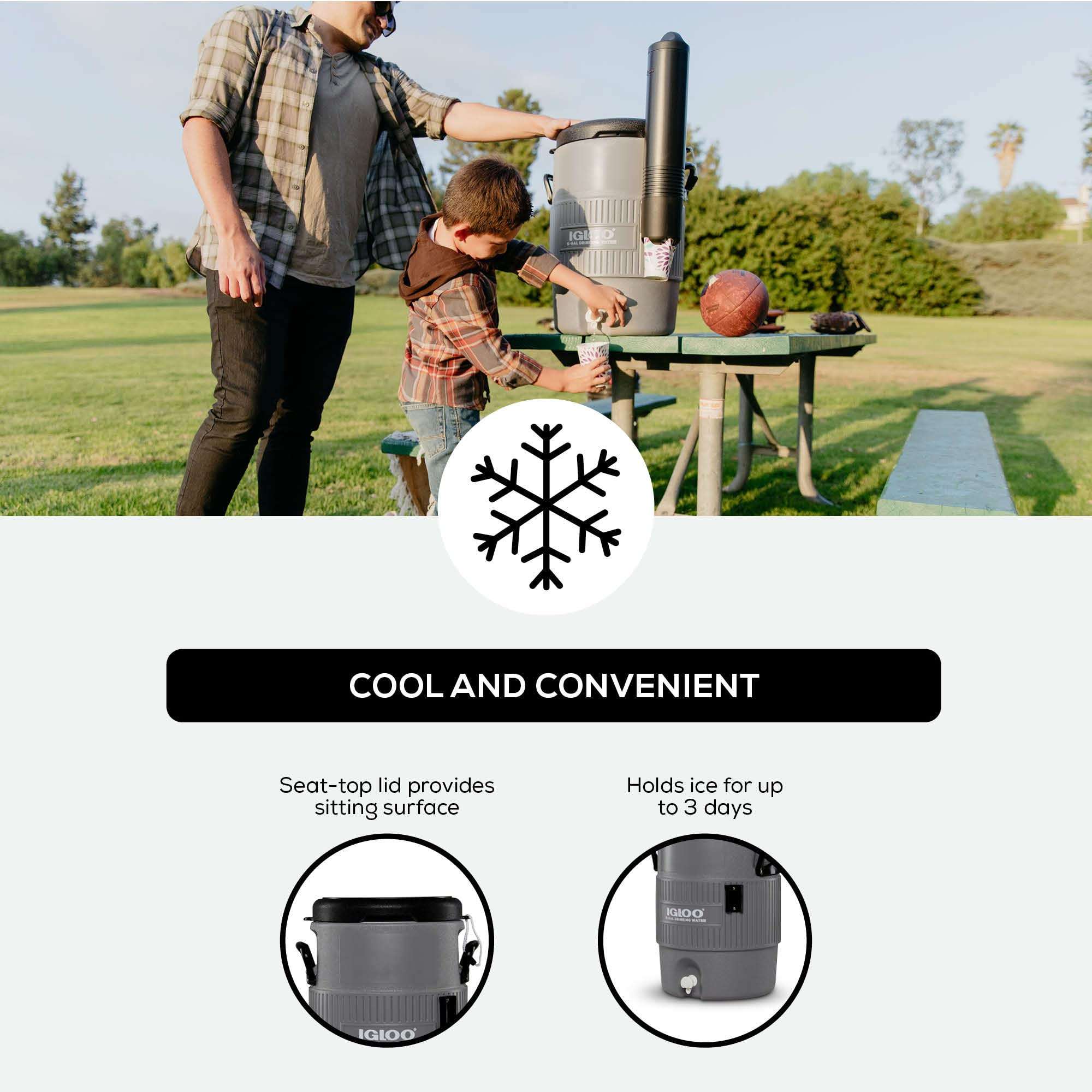 Igloo 5 Gallon Portable Sports Cooler Water Beverage Dispenser with Flat Seat Lid, Insulated Beverage Dispenser, Grey/Black 3