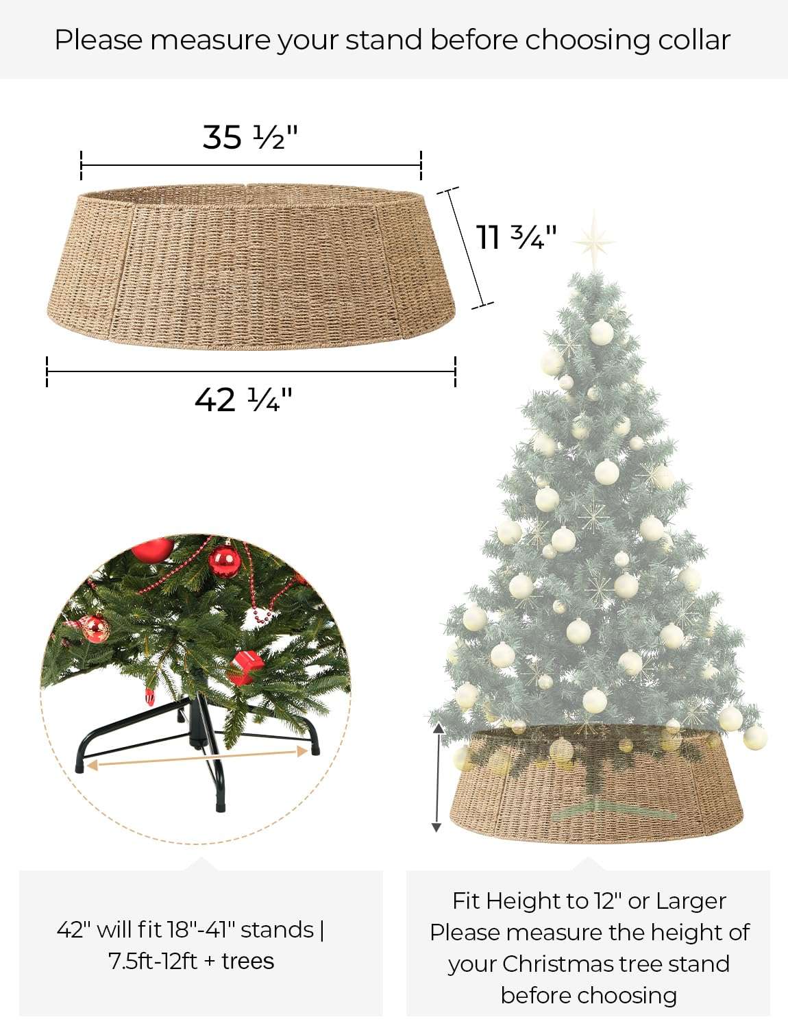 StorageWorks 42 Inch Wicker Christmas Tree Collar, Christmas Tree Collar for Pencil Tree, Seagrass Christmas Tree Base Collar with Cut-Out of Cord for Christmas Party Décor 3