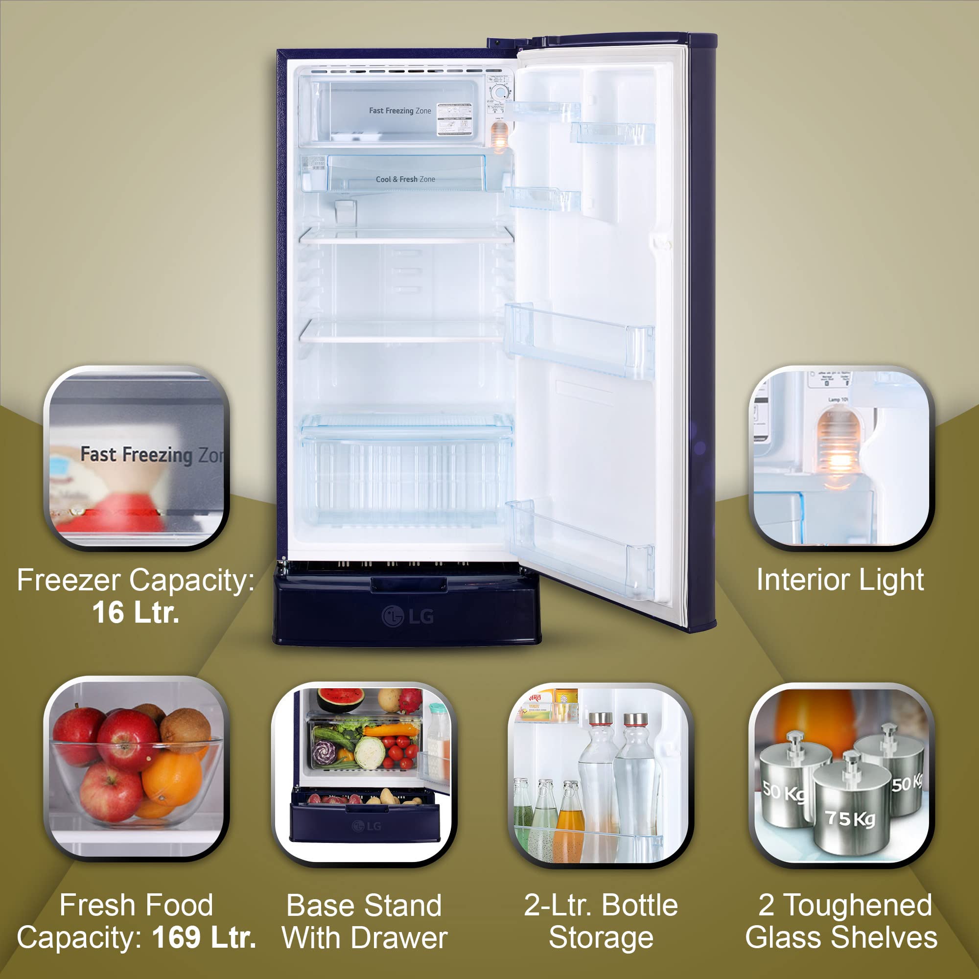 LG 185 L 3 Star Direct-Cool Single Door Refrigerator Appliance (GL-D199OBED, Blue Euphoria, 2023 Model, Base stand with drawer) 3