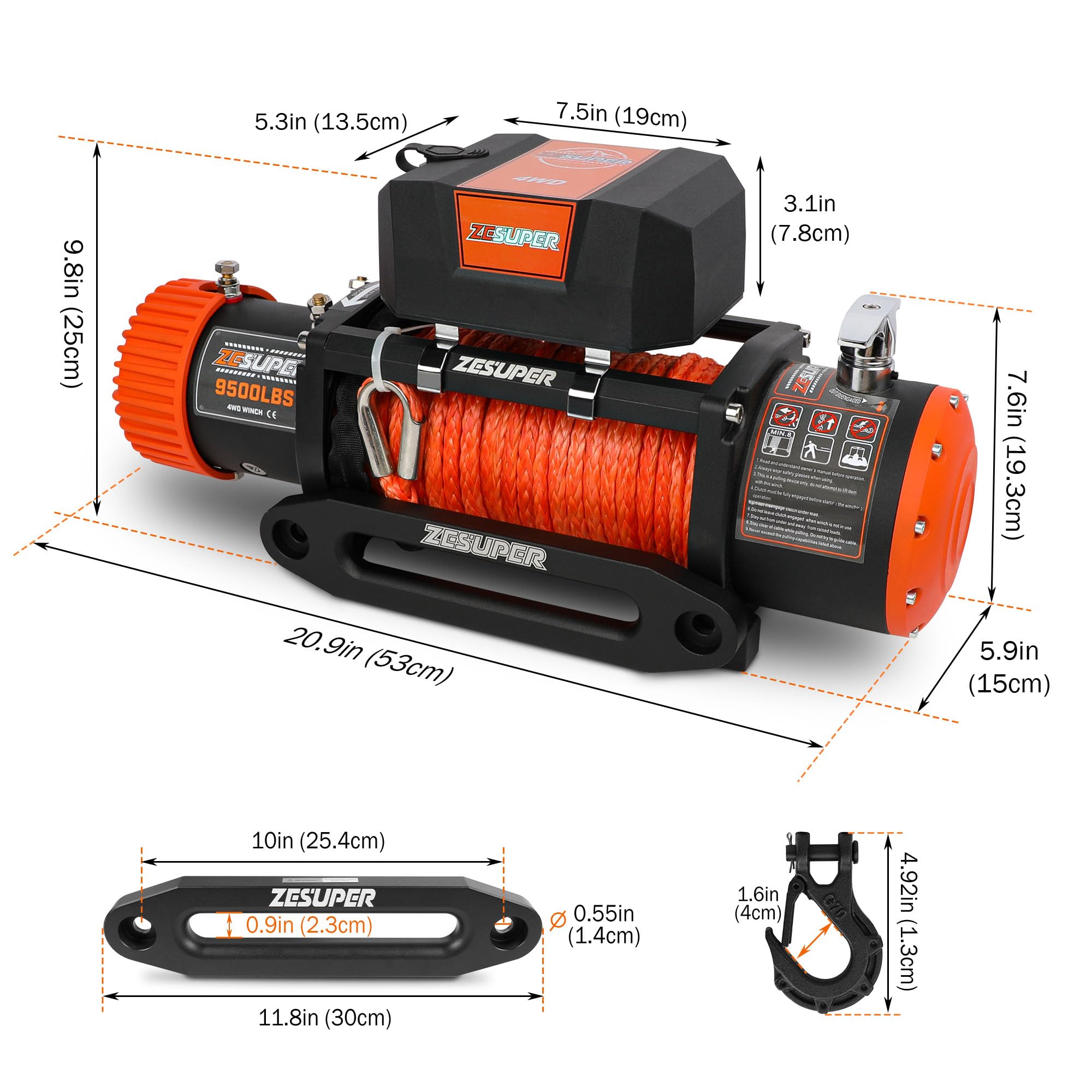 ZESUPER 9500 lb. Load Capacity Electric Winch,12V Electric Winch with Hawse Fairlead, Waterproof IP67 Winch with Wireless Handheld Remotes and Wired Handle Synthetic Rope 4