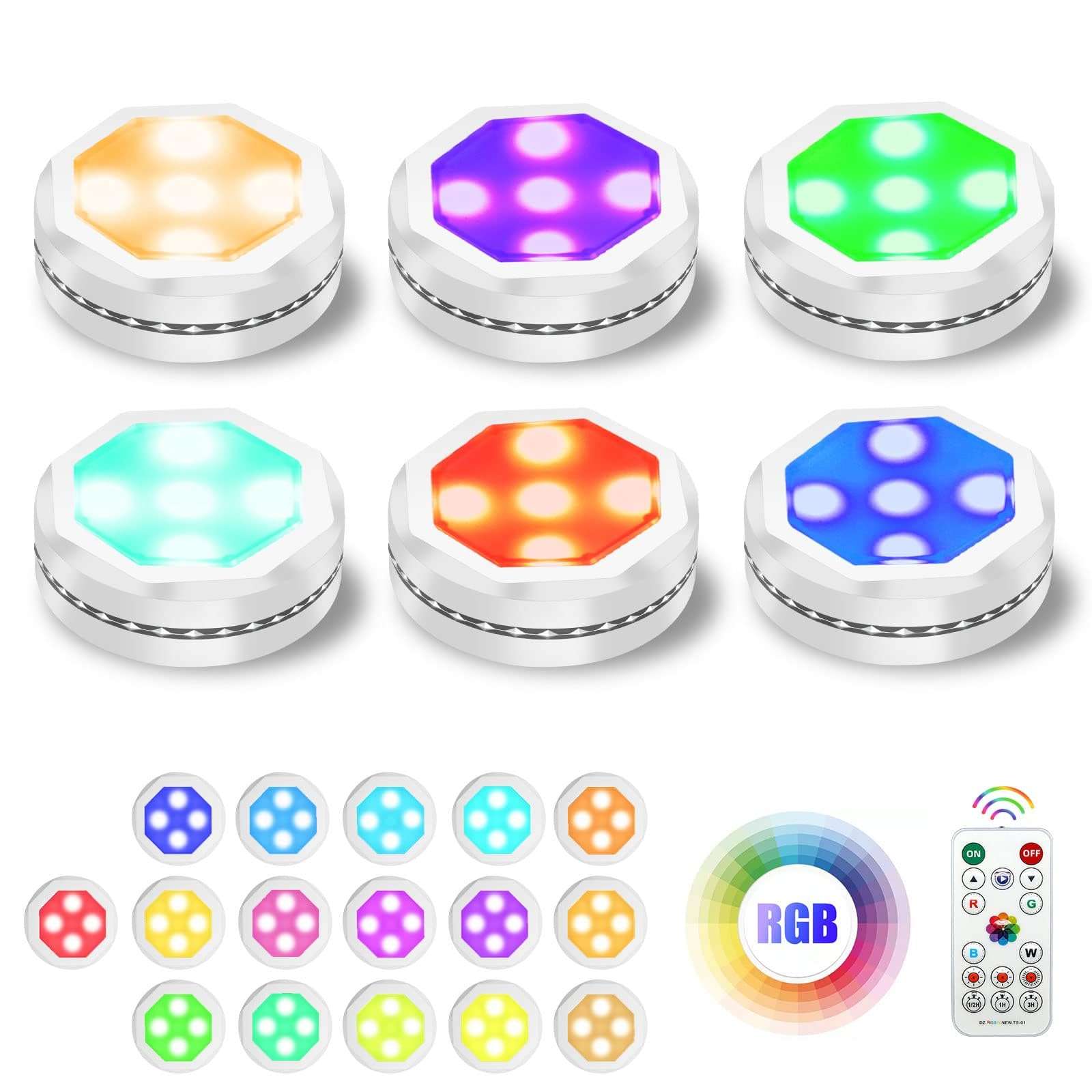 UYICOO Under Cabinet Lights, Battery Operated Puck Lights Battery Closet Lights with Color Changing Dimmable, 3500K Led Stick on Lights with Timing, Under Counter Lights for Display Cabinet 1