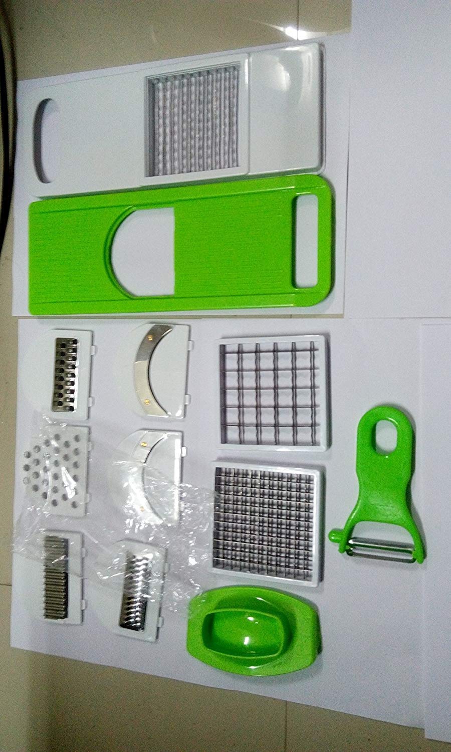 BE MALL Multi-Purpose Vegetable and Fruits Grater, Chipser Chopper, Slicer, Cutter and Dicer with 11 Stainless Steel Blades and 1 Pillar, Vegetable Chopper for Kitchen (Green) 6