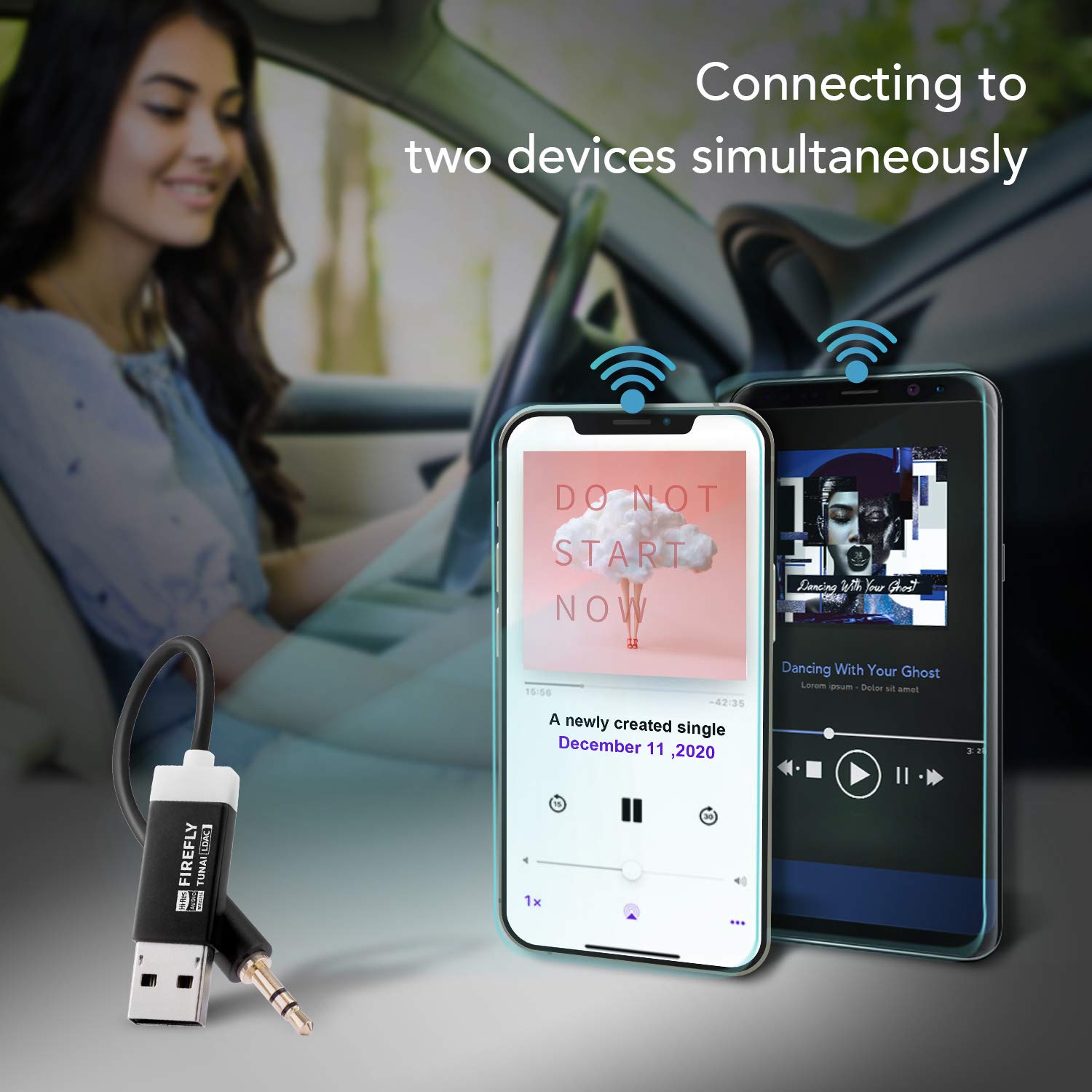 TUNAI Firefly LDAC Bluetooth Receiver: High Resolution Wireless Audio Bluetooth 5.0 Adapter with Audiophile USB DAC 3.5mm AUX for Car/Home Stereo Hi Res Music Streaming; Auto On, No Charging Needed 5