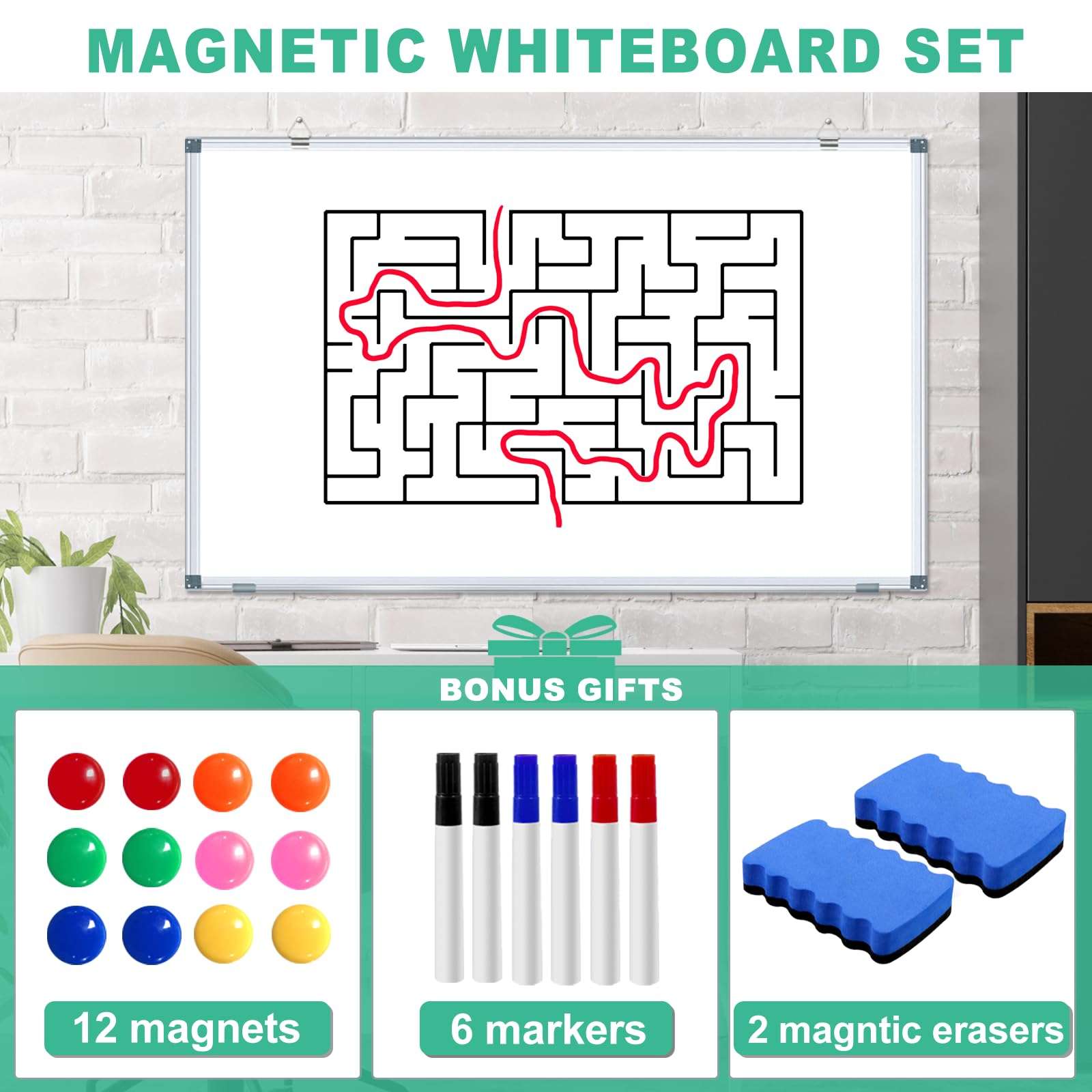 H-Qprobd Large Dry Erase White Board 4' x 3' Magnetic Whiteboard 48"x36" Aluminum Presentation Whiteboard with Long Pen Tray, 6 Markers, 2 Erasers &12 Magnets 3