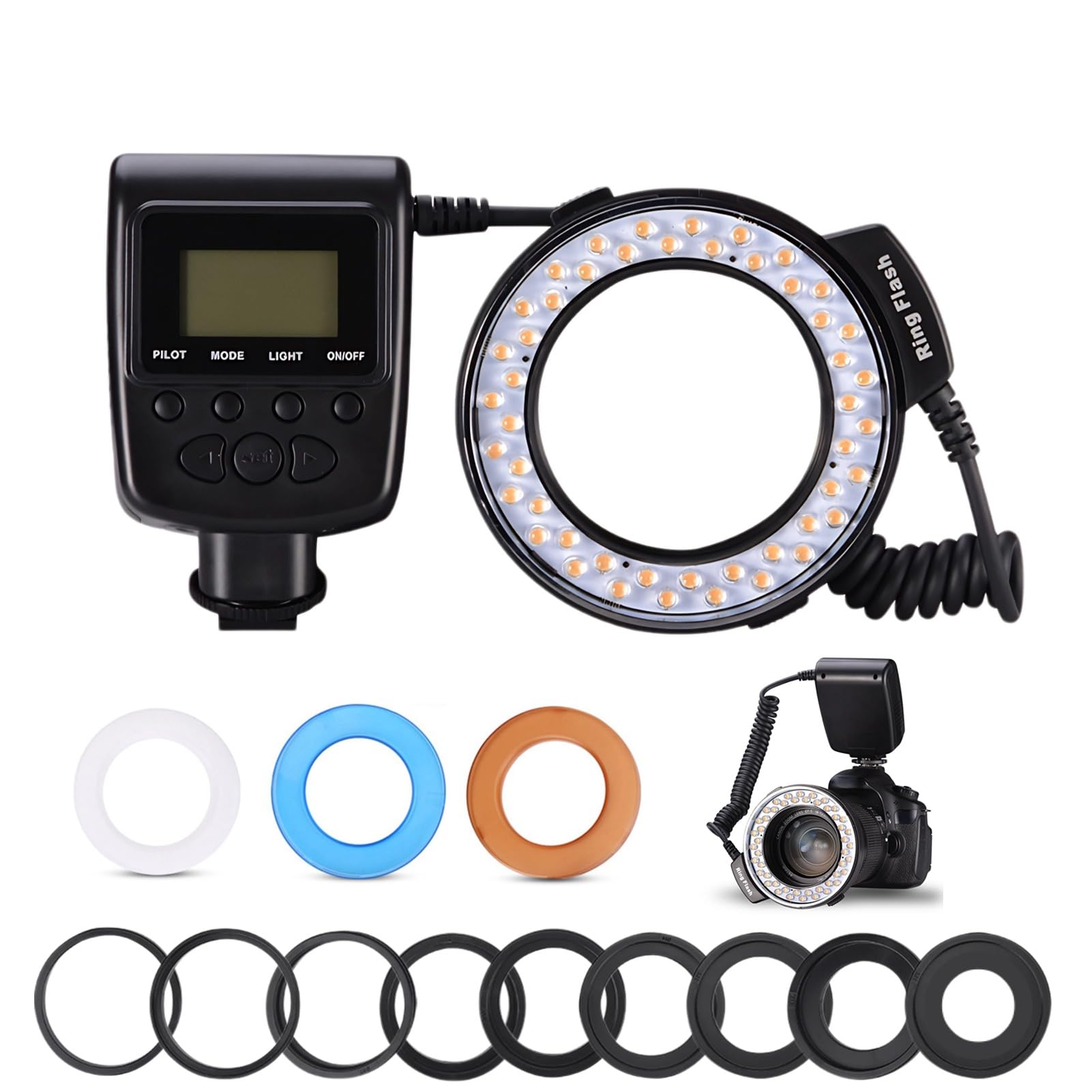 Macro LED Ring Flash, 48pcs LED Beads, 3 Color Diffuser, 9 Adapter Rings, 7 Brightness, 4 Modes, Camera Lens Flash for Fuji Pentax and Other DSLR Cameras