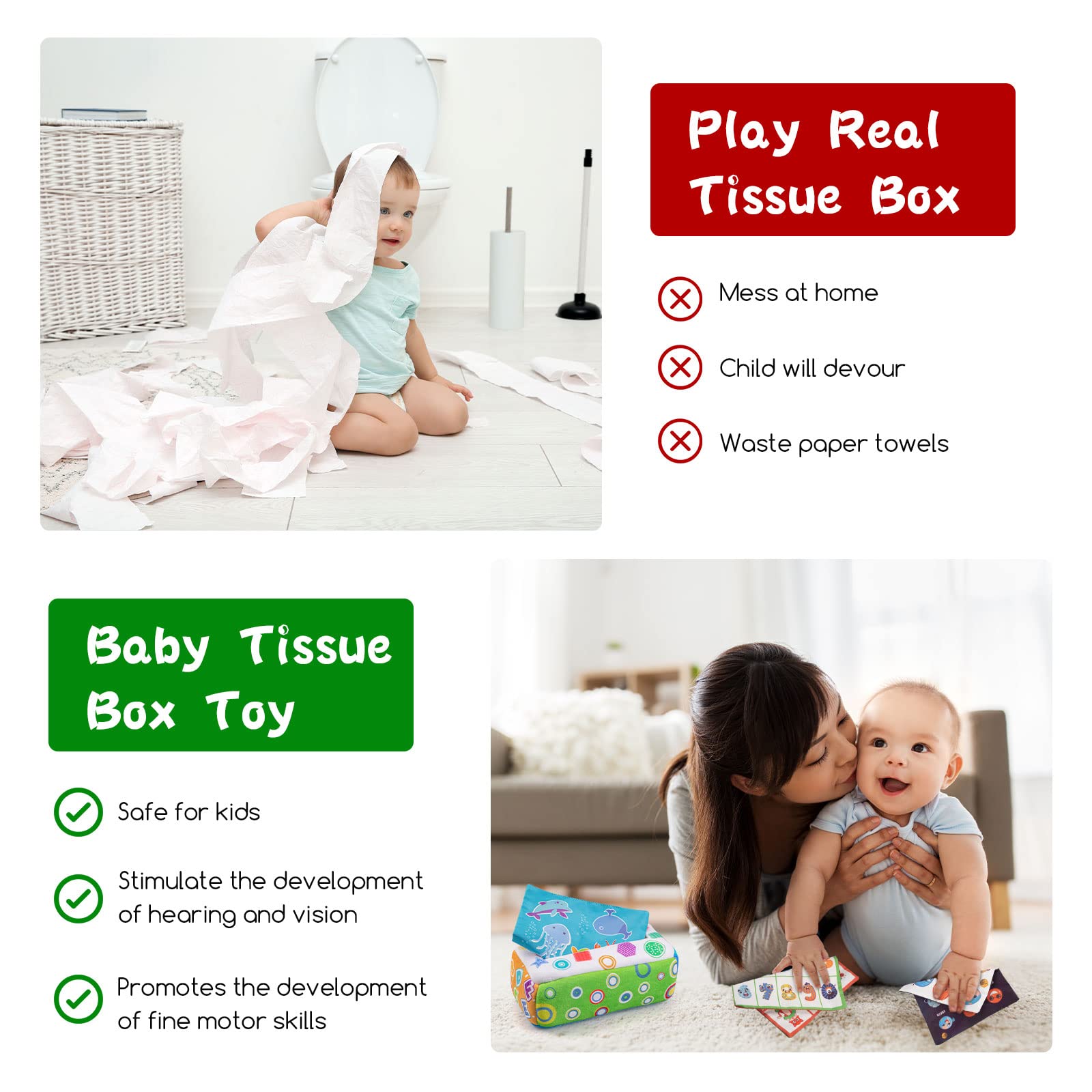 My First Baby Tissue Box Toy Montessori Toys for Babies 6-12 Months Infant Newborn Toddlers Sensory Toys Colorful Soft Scarf Box for 3 6 9 12 Months Baby Gifts + Free Baby Bath Books 4