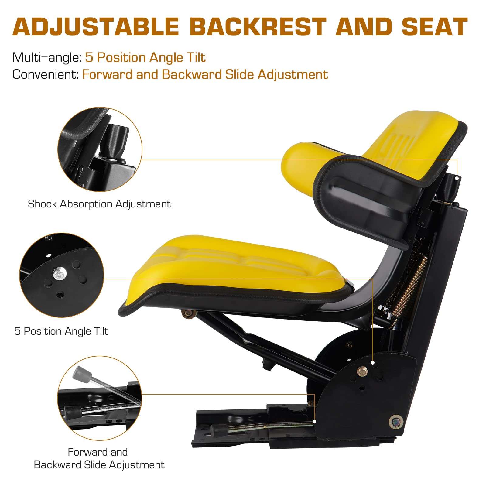 Yellow Universal Adjustable Tractor Suspension Seat with Tilt Waffle Style Fits for John Deere 1020 1530 2020 2030 2040 2155 2280 5210 Shock Absorption Alloy Steel PVC 6