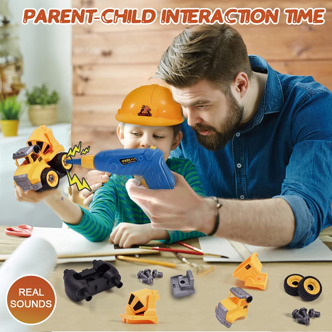 Take Apart Truck Construction Toys with Electric Drill, 4 in 1 Kids STEM Engineering Building PlaySet,Build Excavator,Crane,Truck,Mixer with Construction Hat,Traffic Signs Gift for Boys Kids Aged 3+ 6