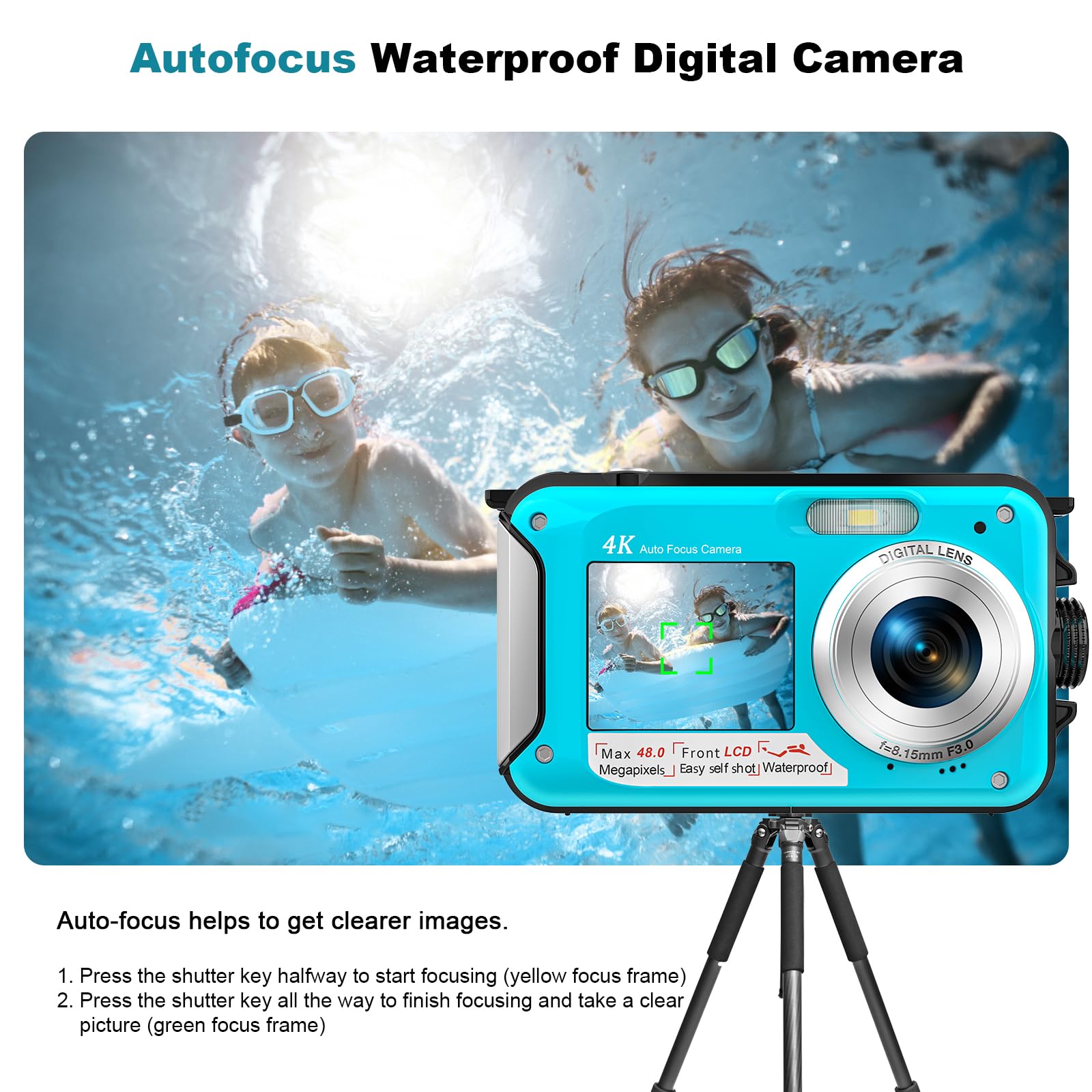 4K Waterproof Digital Camera 11FT Underwater Camera Selfie Dual Screens 48MP Waterproof Camera with 32GB Card 16X Digital Zoom Auto-Focus Underwater Camera for Snorkeling 4