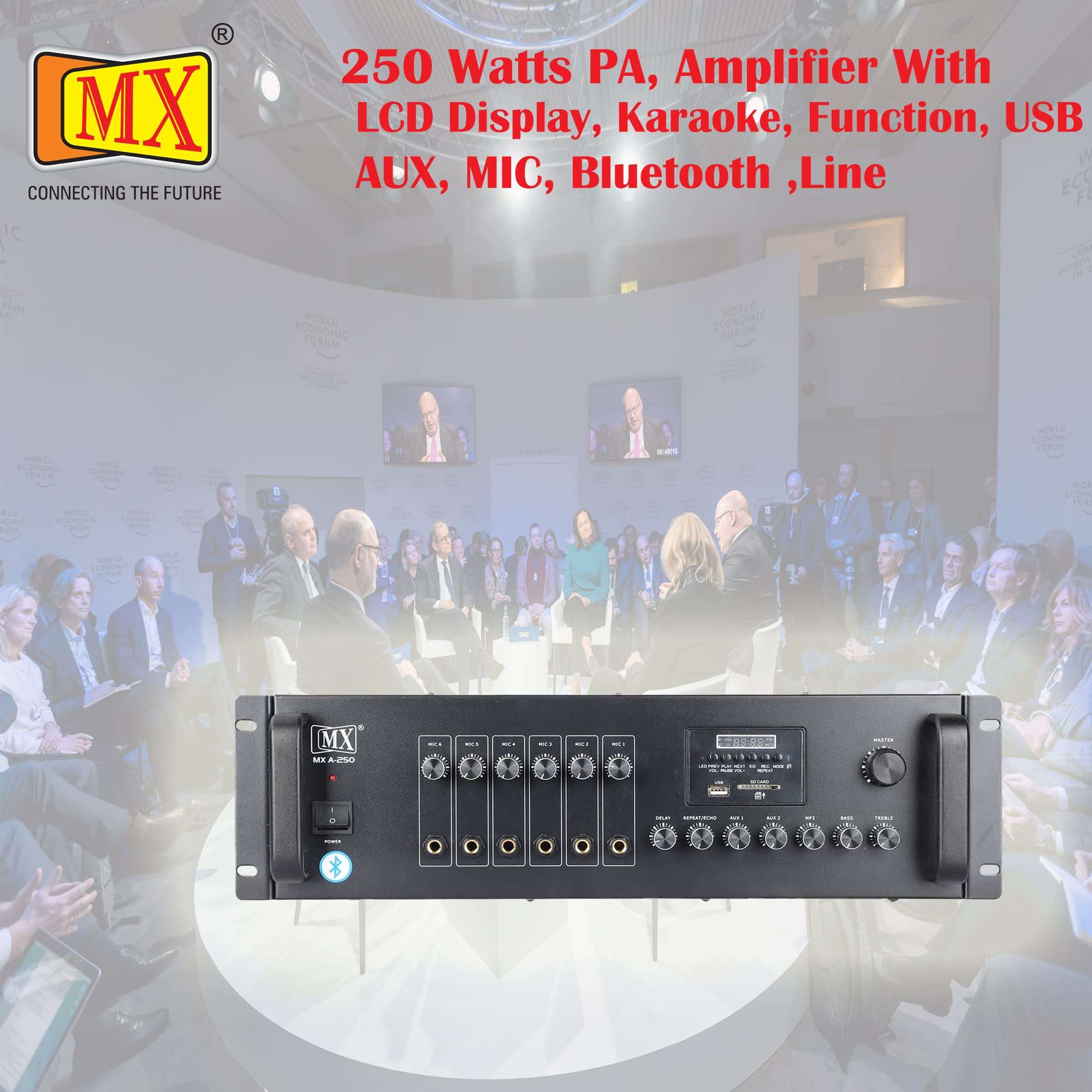 MX (A-250) PA AMPLIFIER WITH LCD DISPLAY,KARAOKE FUNCTION,USB,AUX,MIC,BLUETOOTH,LINE PERFECT FOR HOME AND OUTDOOR FUNCTION 5