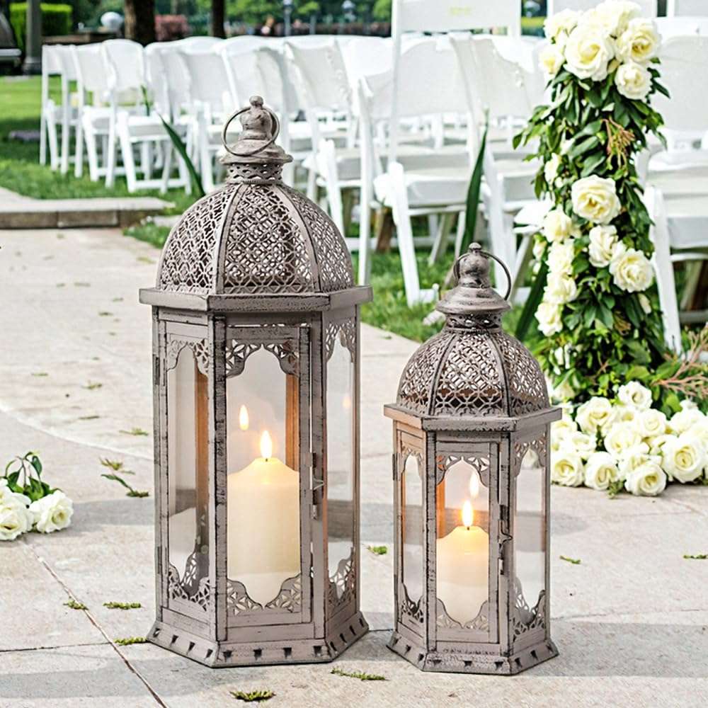 JHY DESIGN Set of 2 Decorative Candle Lanterns 22"&17" H Vintage Metal Candle Holder for Garden Indoor Outdoor Parties Weddings Patio Home Decor(Grey with Black Brush) 5