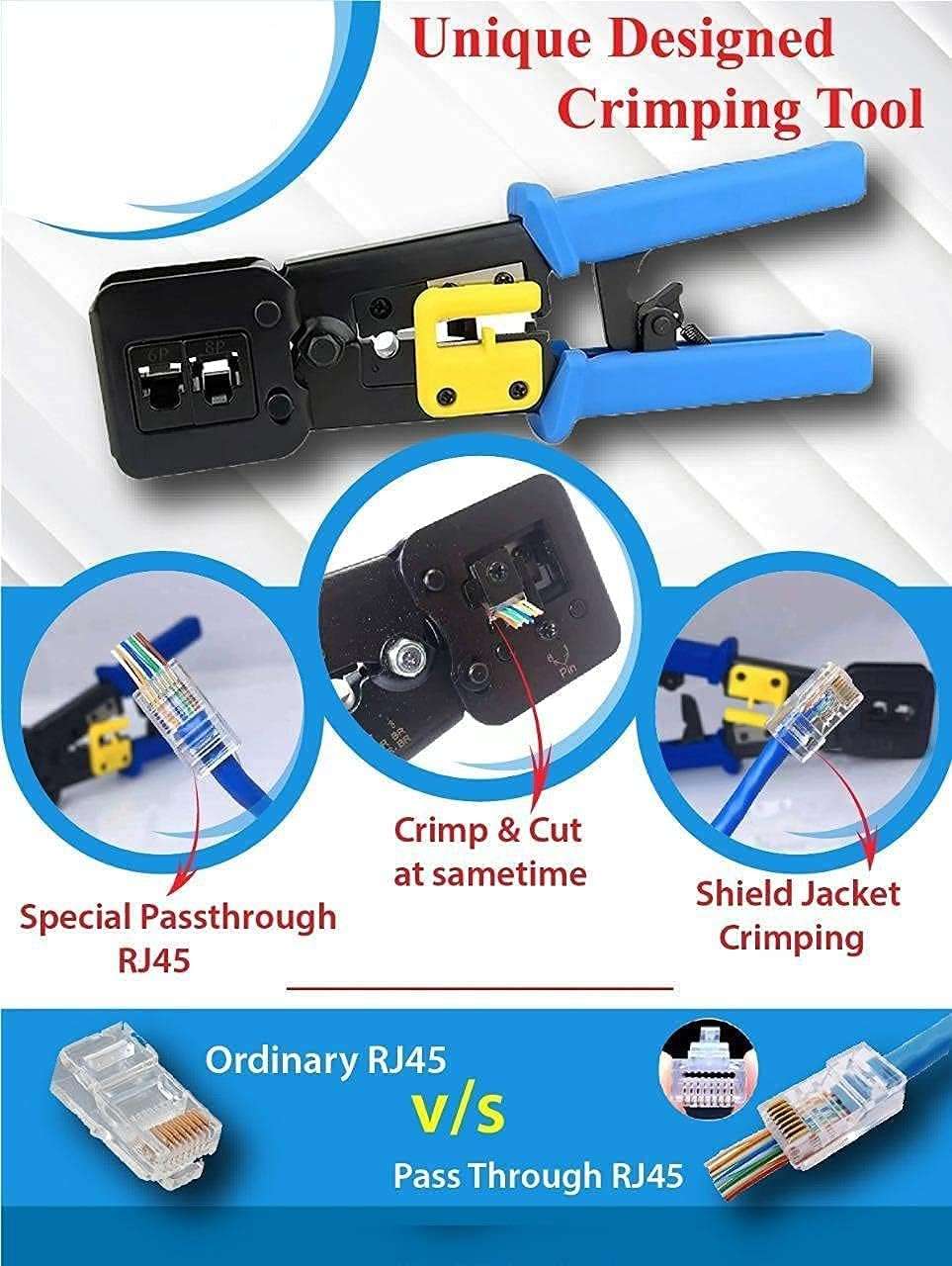 XIKKART Passthrough RJ45 Crimping Tool, Crimp & Cut at Same Time, Network Cable Cutting Stripping Crimper 5