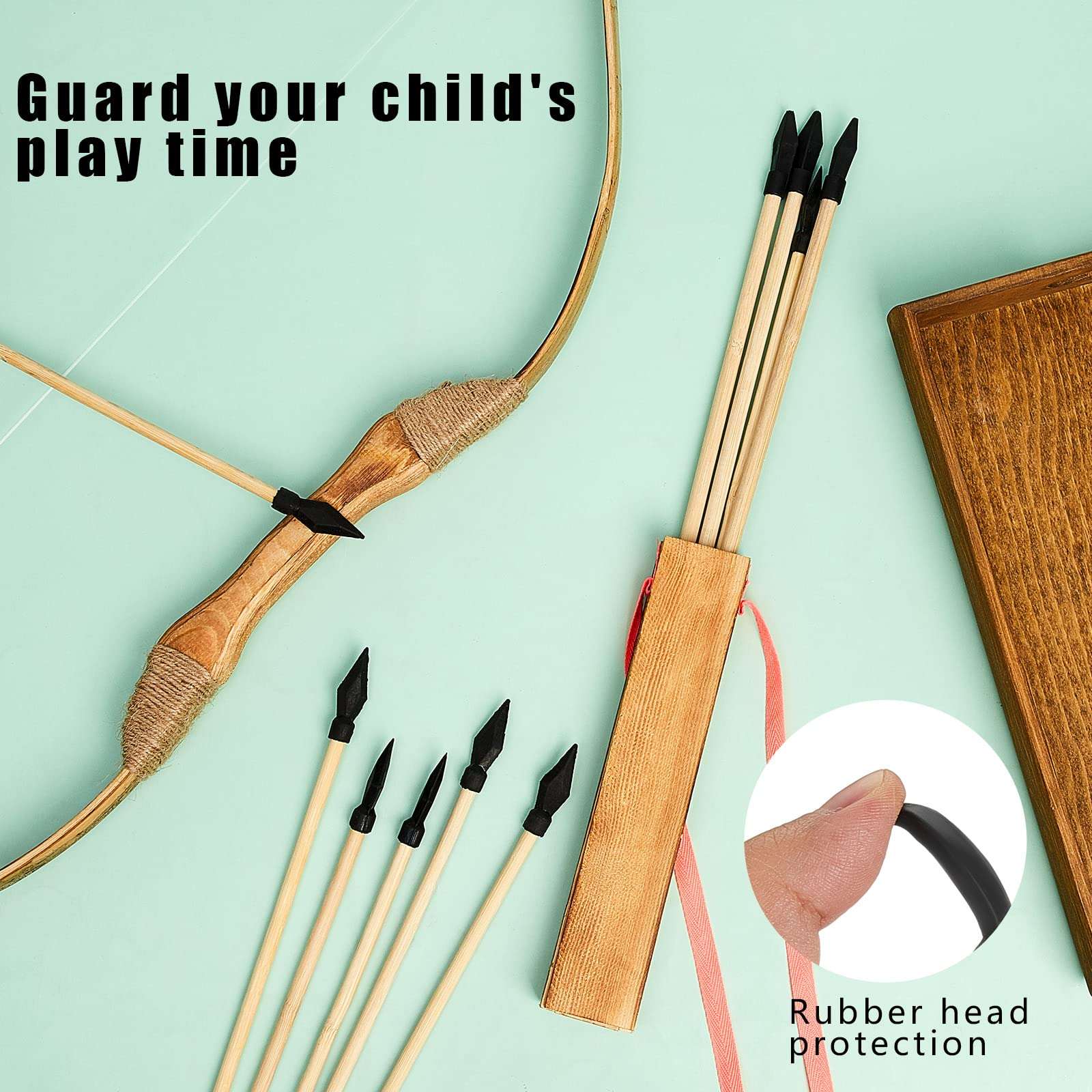 Lenwen 4 Sets Wooden Bow and Arrow Archery Set Includes Wooden Bow Wood Arrows and Arrow Holders Handmade 32 Inch Toy Bow and Arrow Archery Set Outdoor Indoor Games Toys Gifts for Youth (Brown) 3