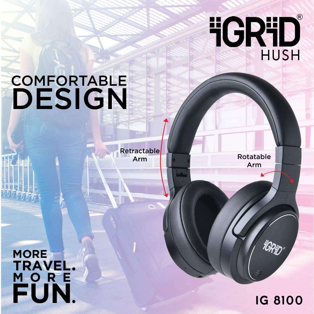 iGRiD Wireless Hush Active Noise Cancelling Over-Ear Bluetooth Headphones, 40 Hrs Play time, Deep Bass, Comfortable Ear Cushions 3