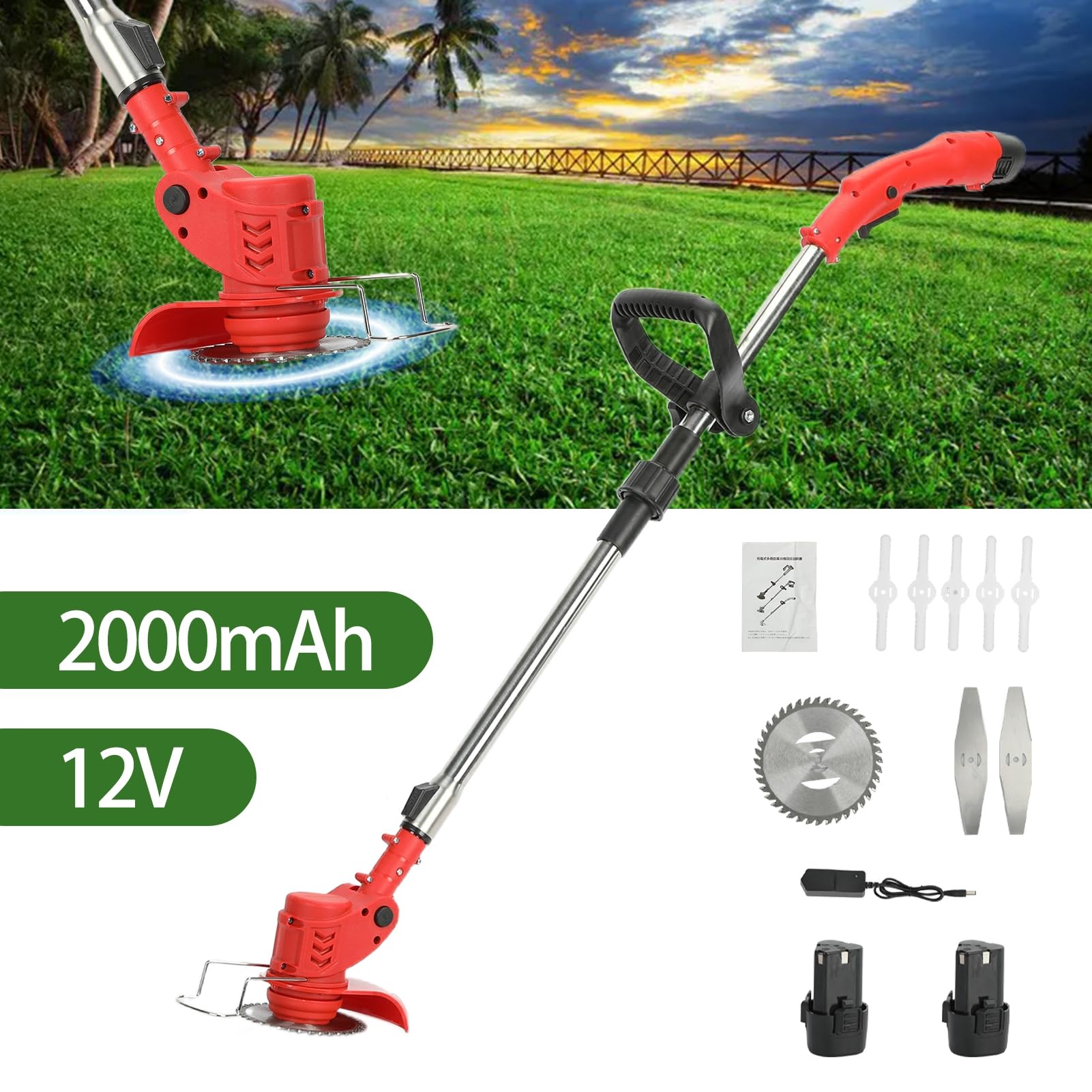 Cordless Weed Cutter, 2000mAh Cordless Lawn Edger, 2 in 1 Height-Adjustable Electric Lawn Mower Push Edger Lawn Tool red 3