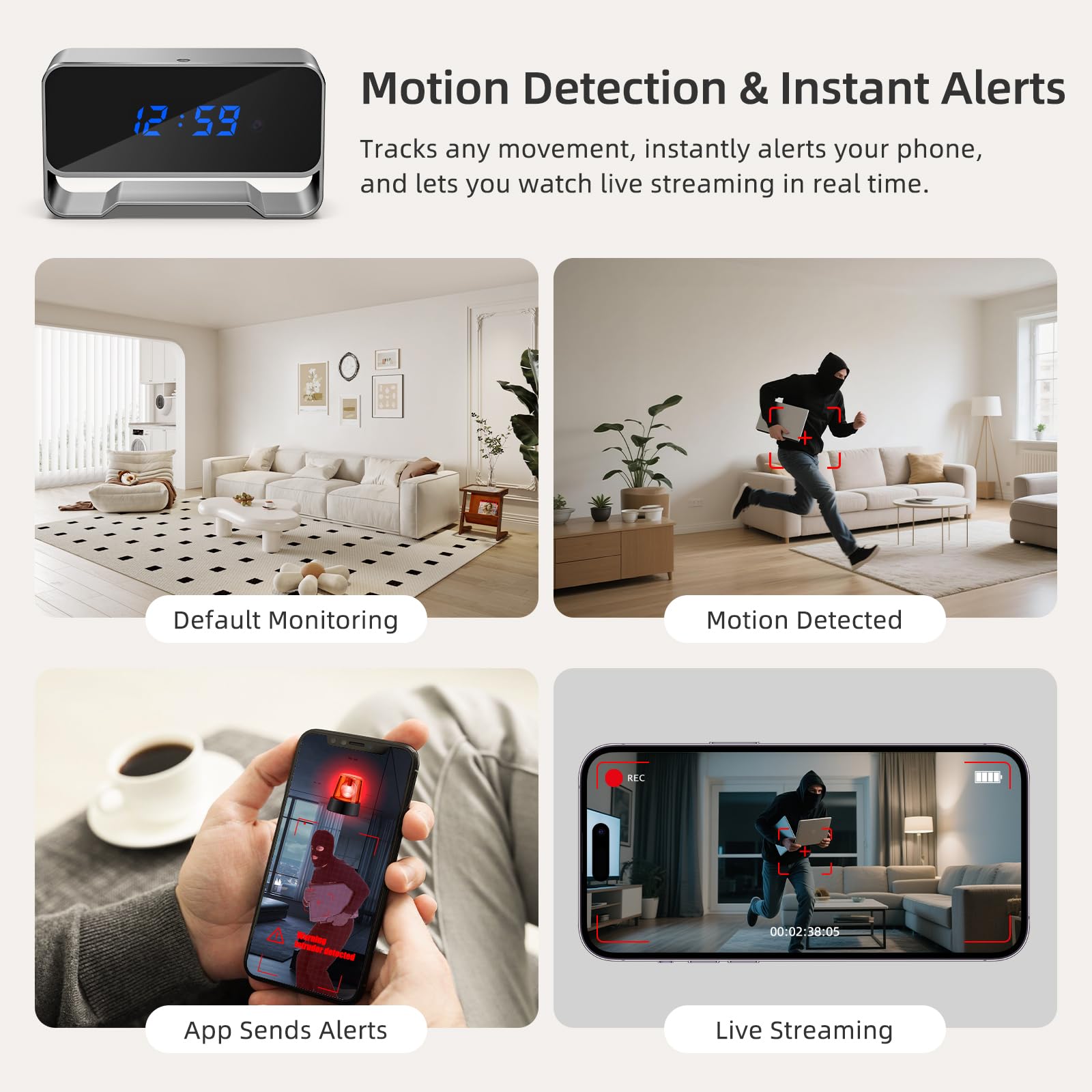 Voluart Hidden Camera Clock, 1080P HD WiFi Spy Cam with Functional Clock Display, Strong Night Vision & Motion Detection for Home Indoor Security 5