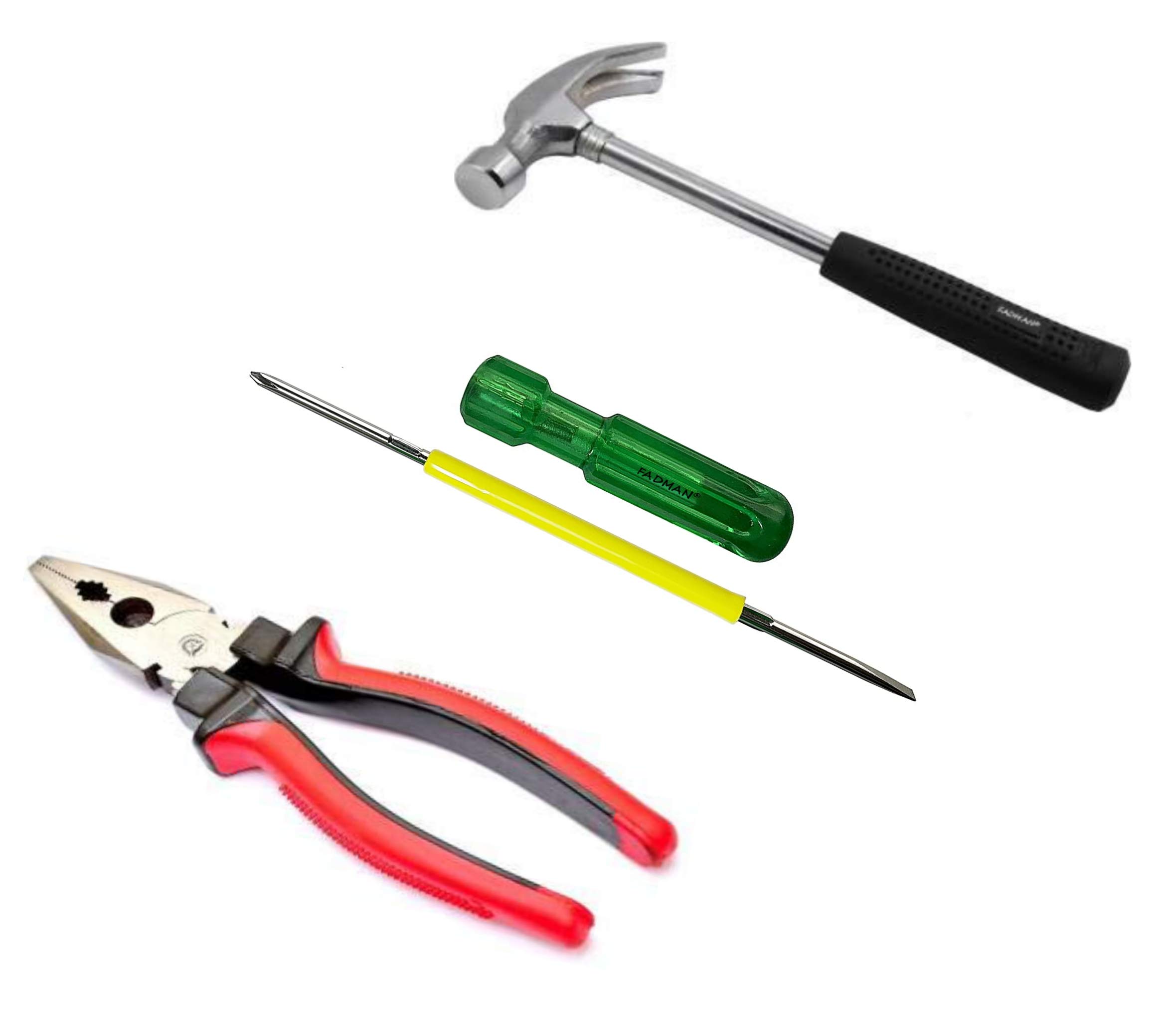 Fadman Hand tool kit - Red Plier | Claw Hammer | 2in1 Screwdriver |