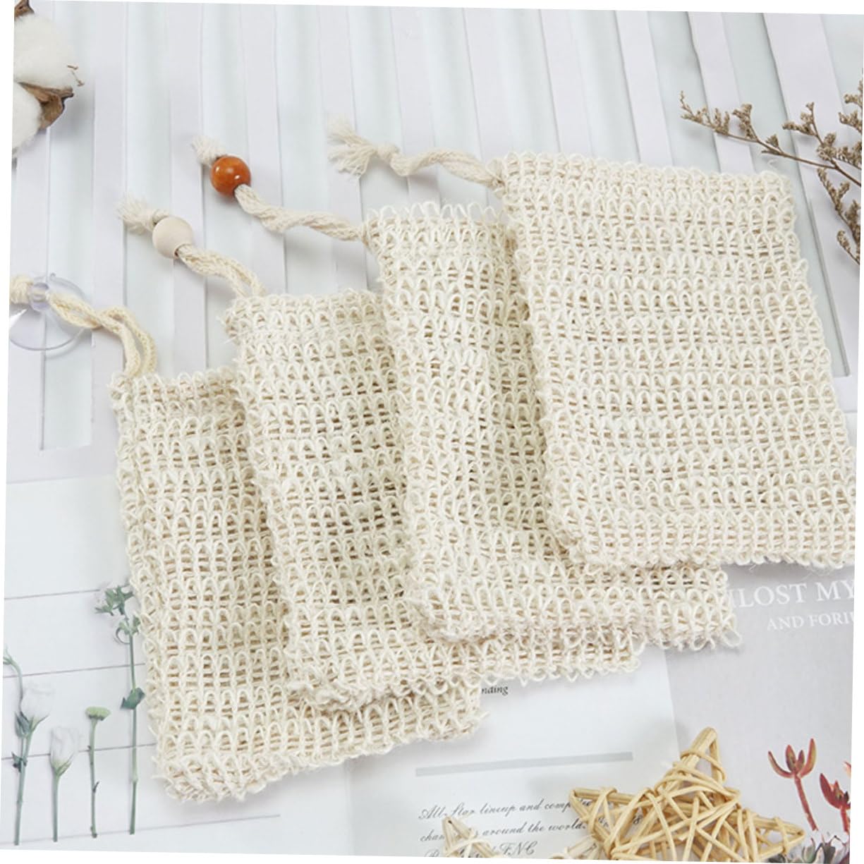 FRCOLOR 15 Pcs Soap Bag Bar Soap Pouch Soap Tin Hand Soap Bulk Soap Sack Soap Case Soap Drainer Dish Soap Bar Holder with Cup Soap Dish with Drainage Soap Holder Foaming Bag Sisal Beige 4