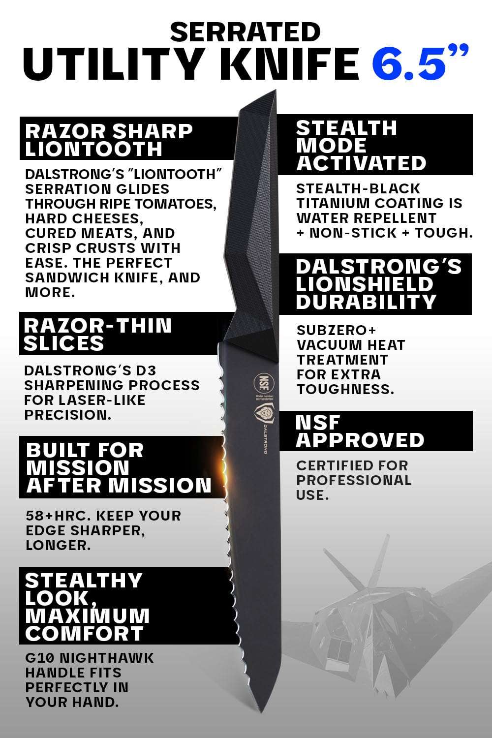 Dalstrong Serrated Utility Knife - 6.5 inch - Shadow Black Series - Black Titanium Nitride Coated Kitchen Knife - High Carbon - 7CR17MOV-X Vacuum Treated Steel Cooking Knife - Sheath - NSF Certified 6