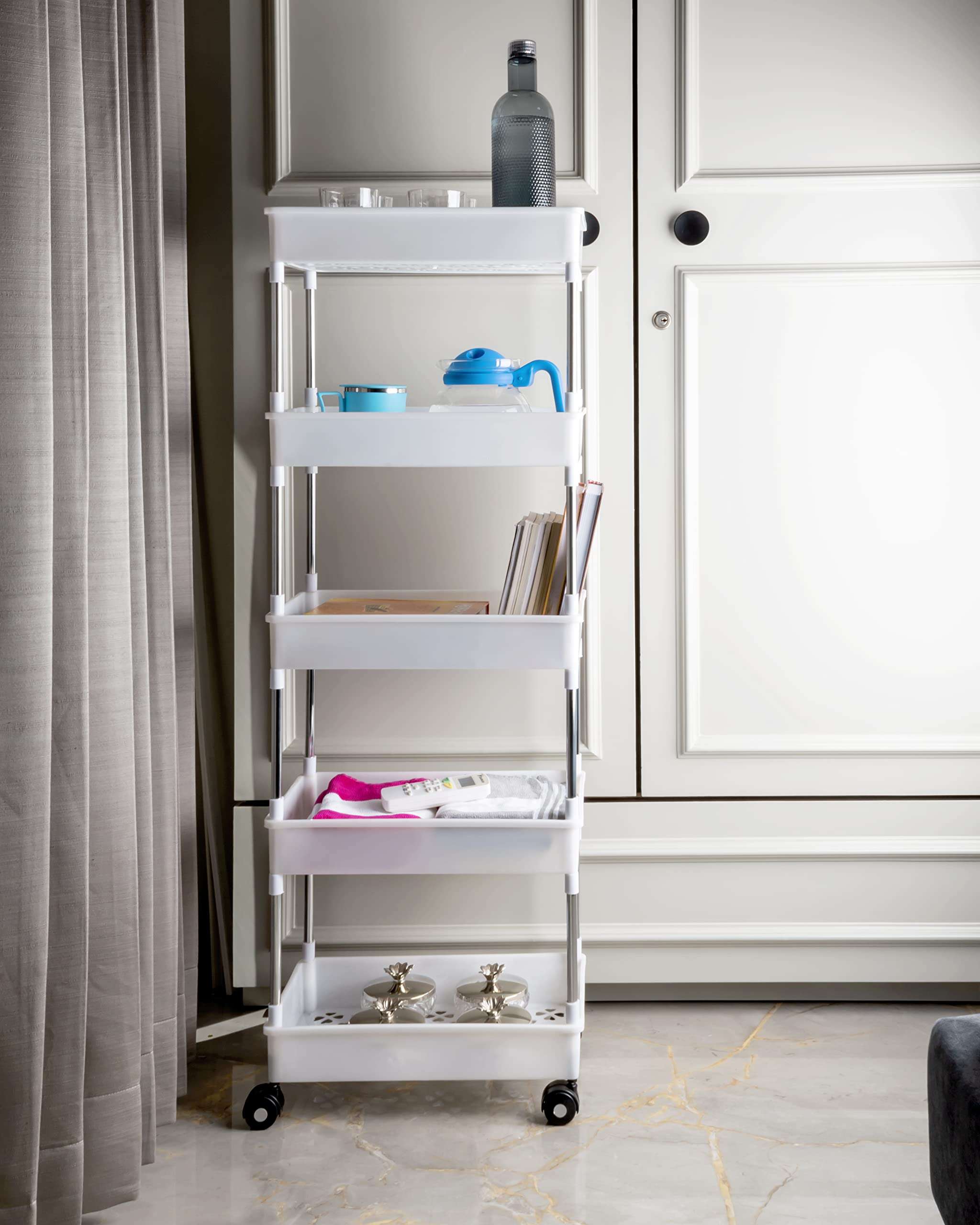 UMAVANSHI Classic Storage Rolling Cart, Slim Storage Cart with Wheels Slide Out Storage Rolling Cart Organizer Plastic Utility Carts for Bathroom Laundry | White | 5 Layer 3