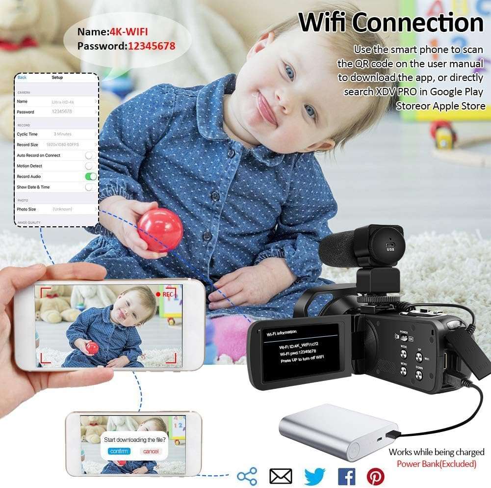 Camcorder Video Camera 4K 48MP 60FPS IR Night Vision Vlogging Camera 18X Zoom WiFi Digital Camera YouTube Recorder Camera with Microphone, 2.4G Remote Control 4